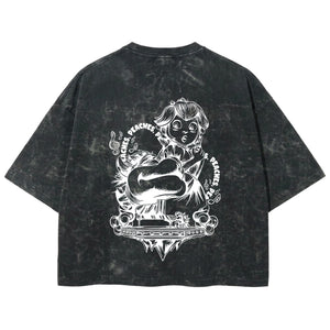Playera streetwear premium de anime y gaming ExtraLife MX, corte boxy deluxe mineral wash heavyweight en color Acid Wash, moda urbana mexicana de culto.
