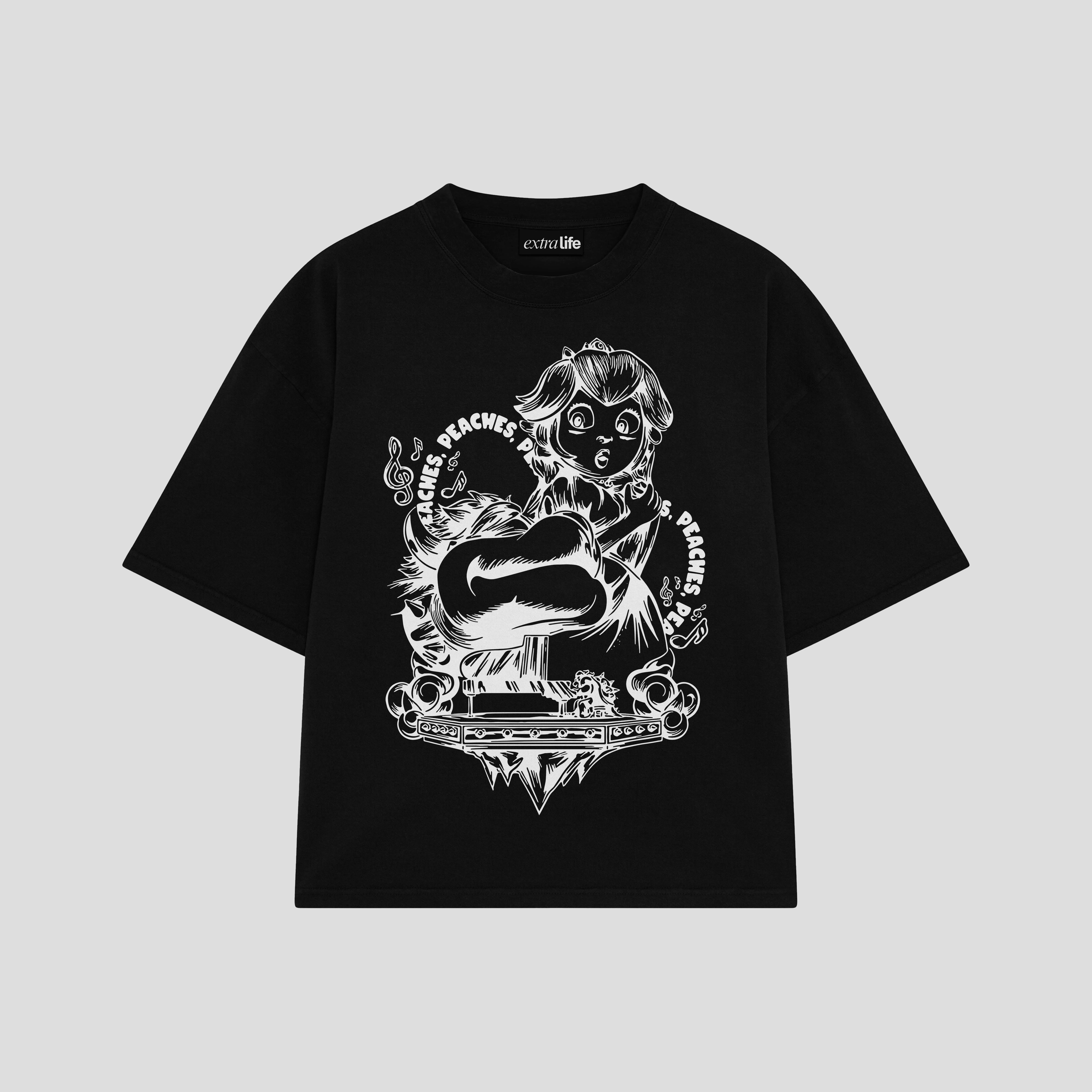 Playera streetwear premium de anime y gaming ExtraLife MX, corte boxy oversized drop shoulder heavyweight en color Deep Black y Off-White, moda urbana mexicana de culto.