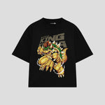 Playera streetwear premium de anime y gaming ExtraLife MX, corte boxy oversized drop shoulder heavyweight en color Deep Black y Off-White, moda urbana mexicana de culto.