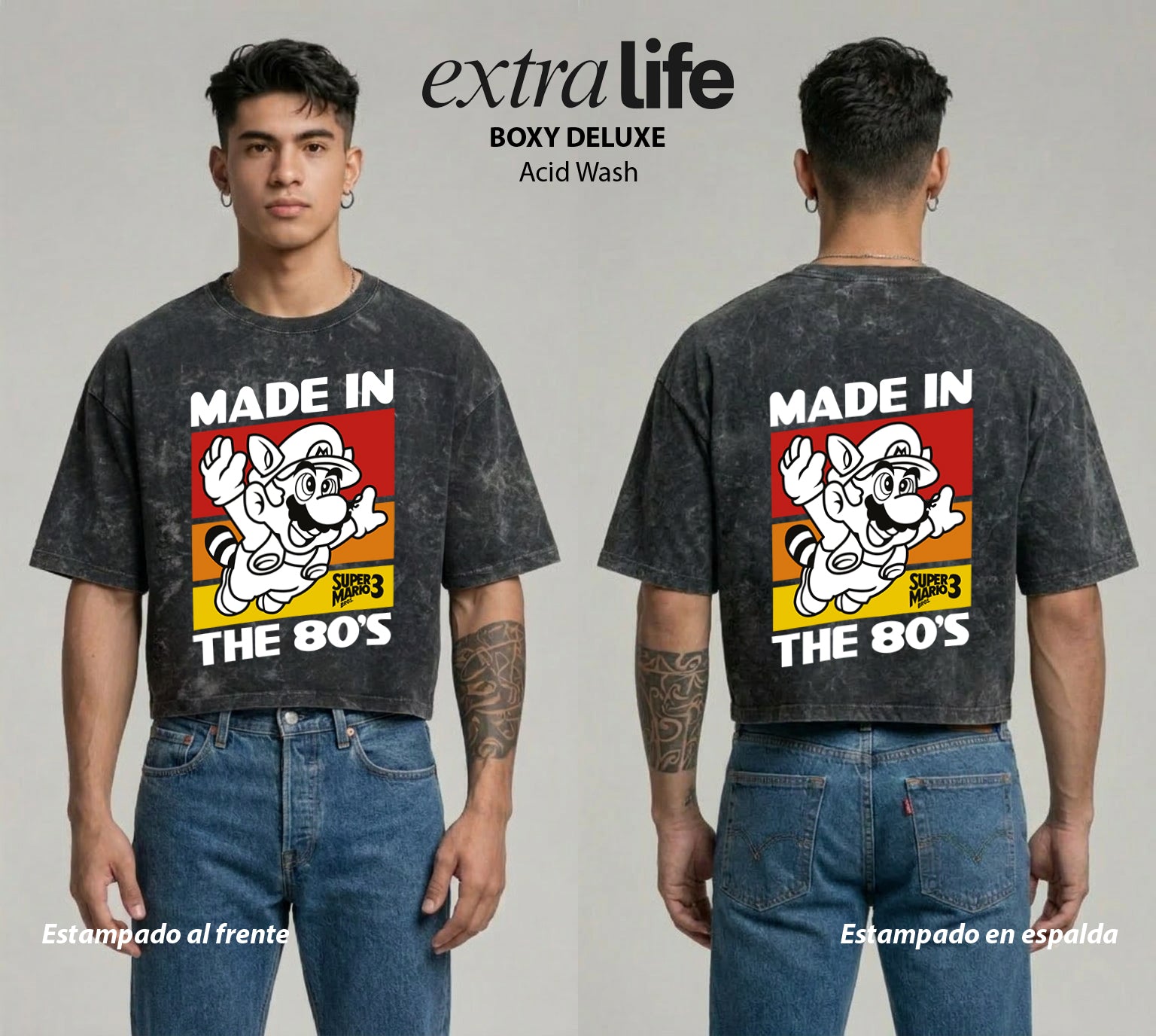 Playera streetwear premium de anime y gaming ExtraLife MX, corte boxy deluxe mineral wash heavyweight en color Acid Wash, moda urbana mexicana de culto.