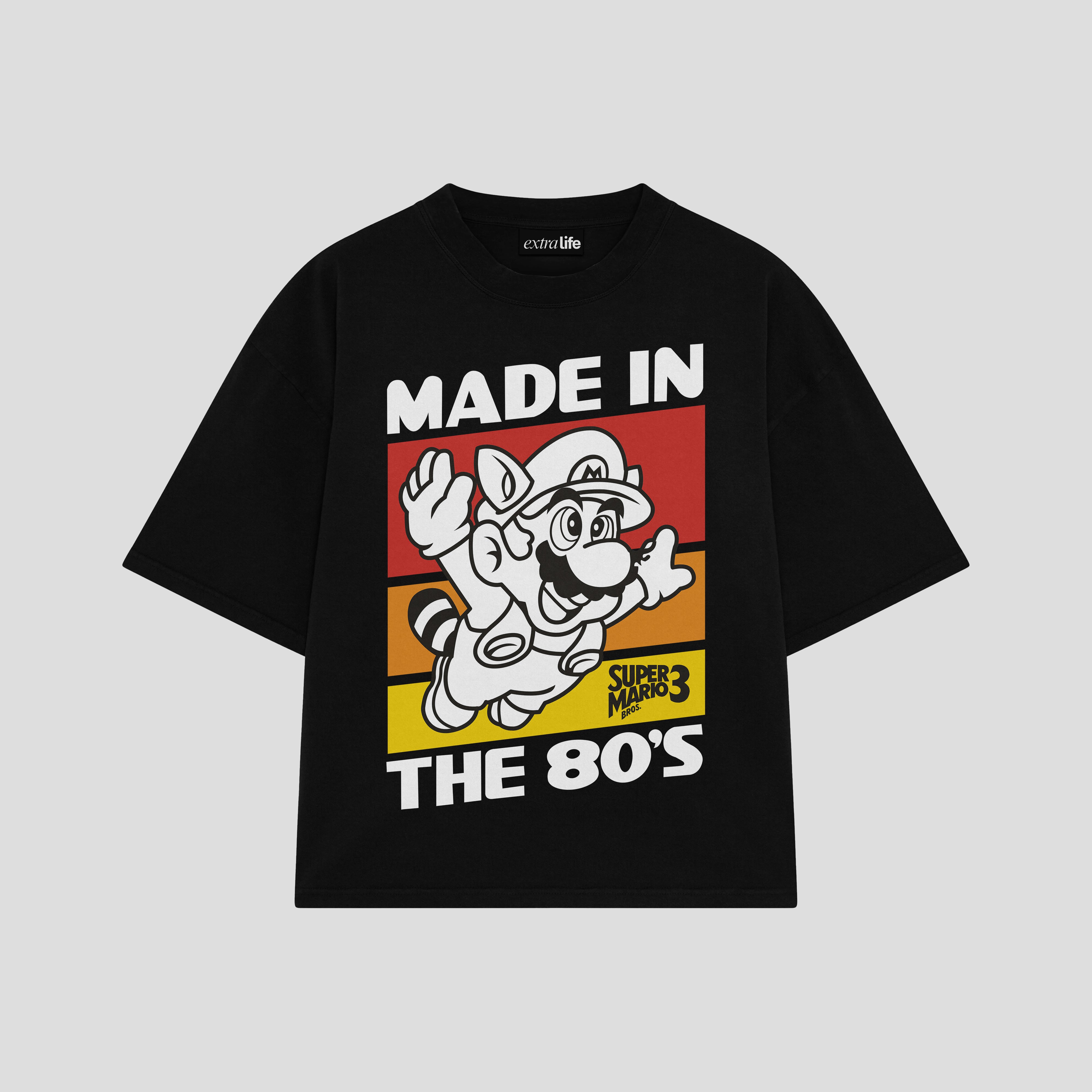 Playera streetwear premium de anime y gaming ExtraLife MX, corte boxy oversized drop shoulder heavyweight en color Deep Black y Off-White, moda urbana mexicana de culto.