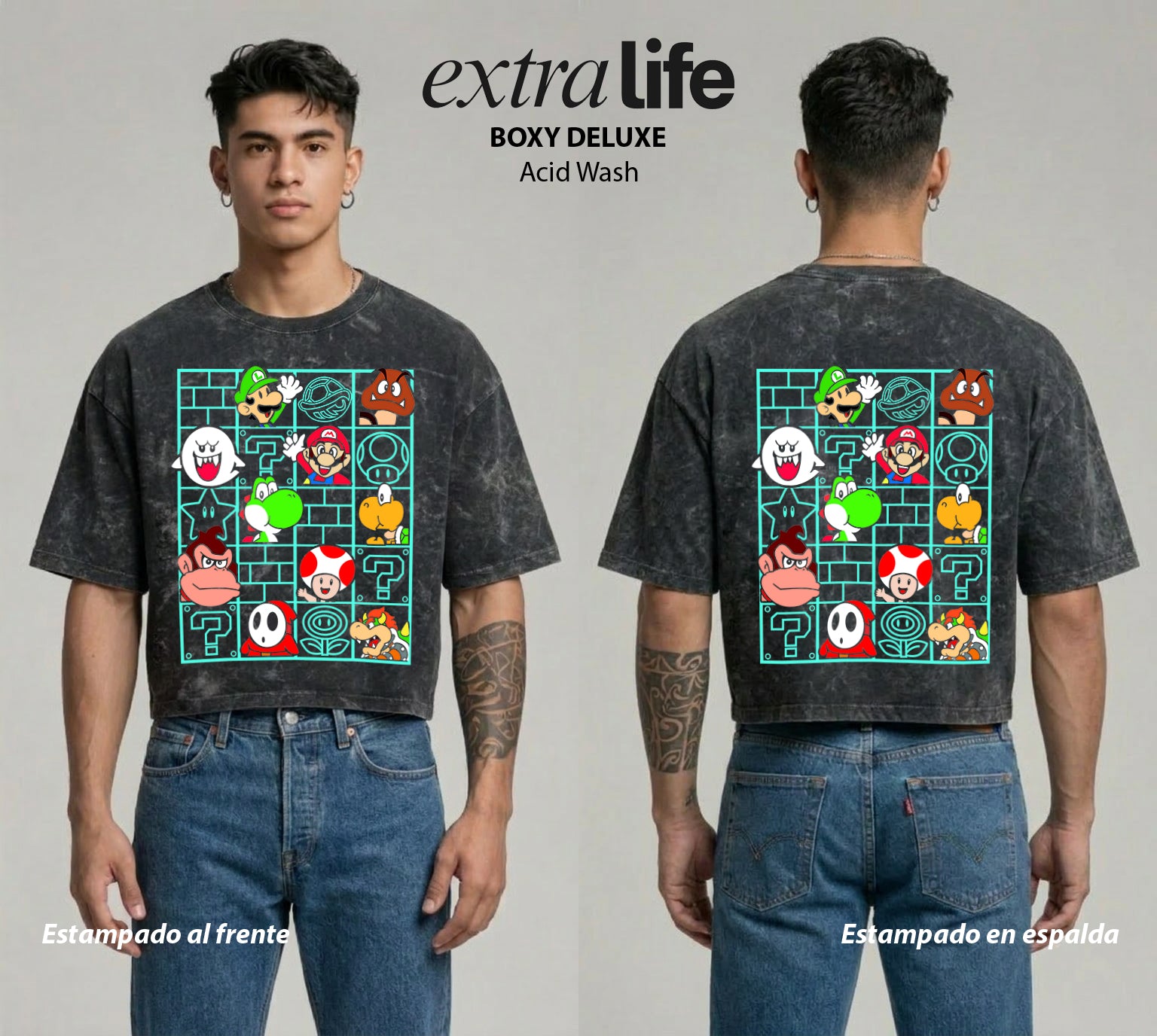 Playera streetwear premium de anime y gaming ExtraLife MX, corte boxy deluxe mineral wash heavyweight en color Acid Wash, moda urbana mexicana de culto.