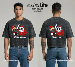 Playera streetwear premium de anime y gaming ExtraLife MX, corte boxy deluxe mineral wash heavyweight en color Acid Wash, moda urbana mexicana de culto.