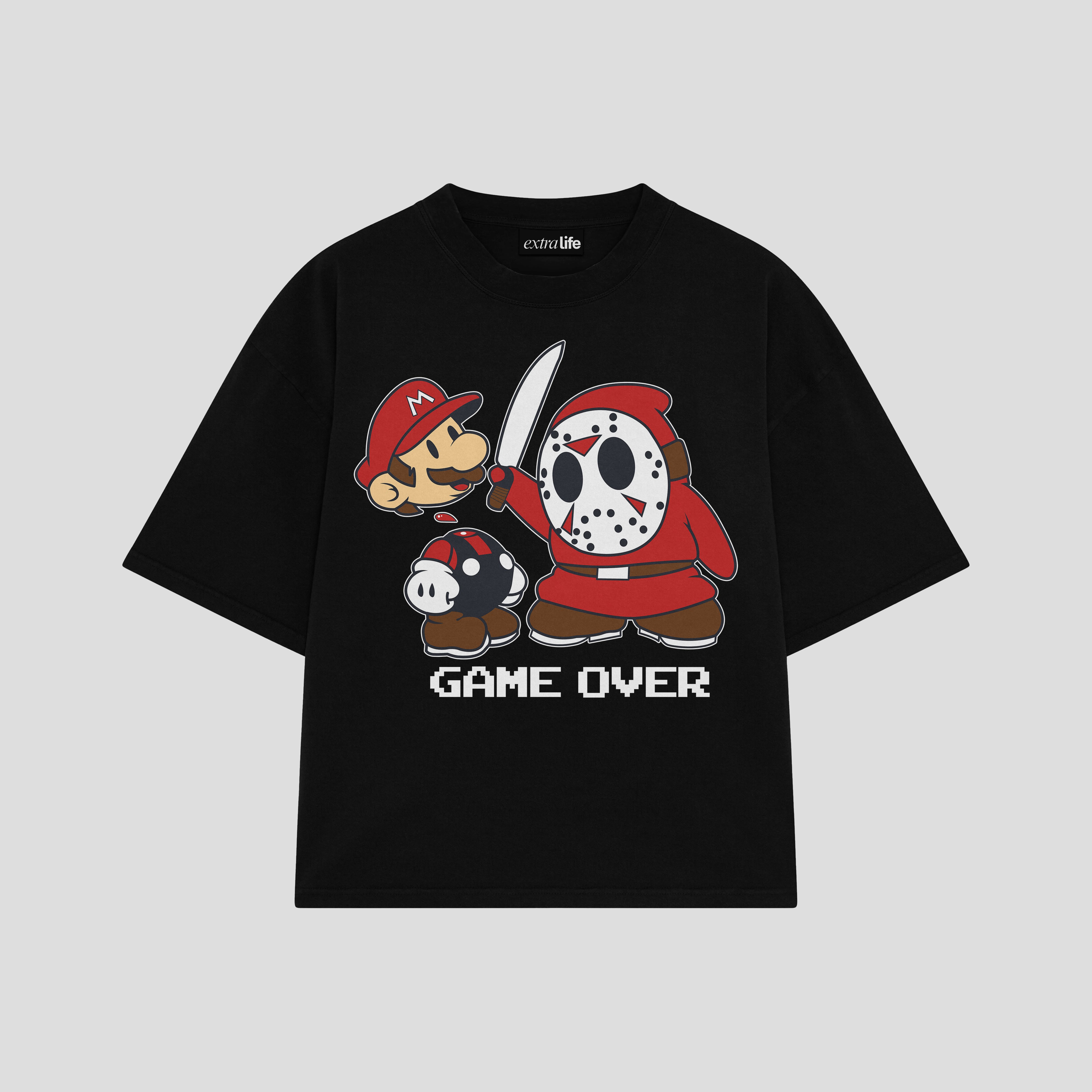 Playera streetwear premium de anime y gaming ExtraLife MX, corte boxy oversized drop shoulder heavyweight en color Deep Black y Off-White, moda urbana mexicana de culto.