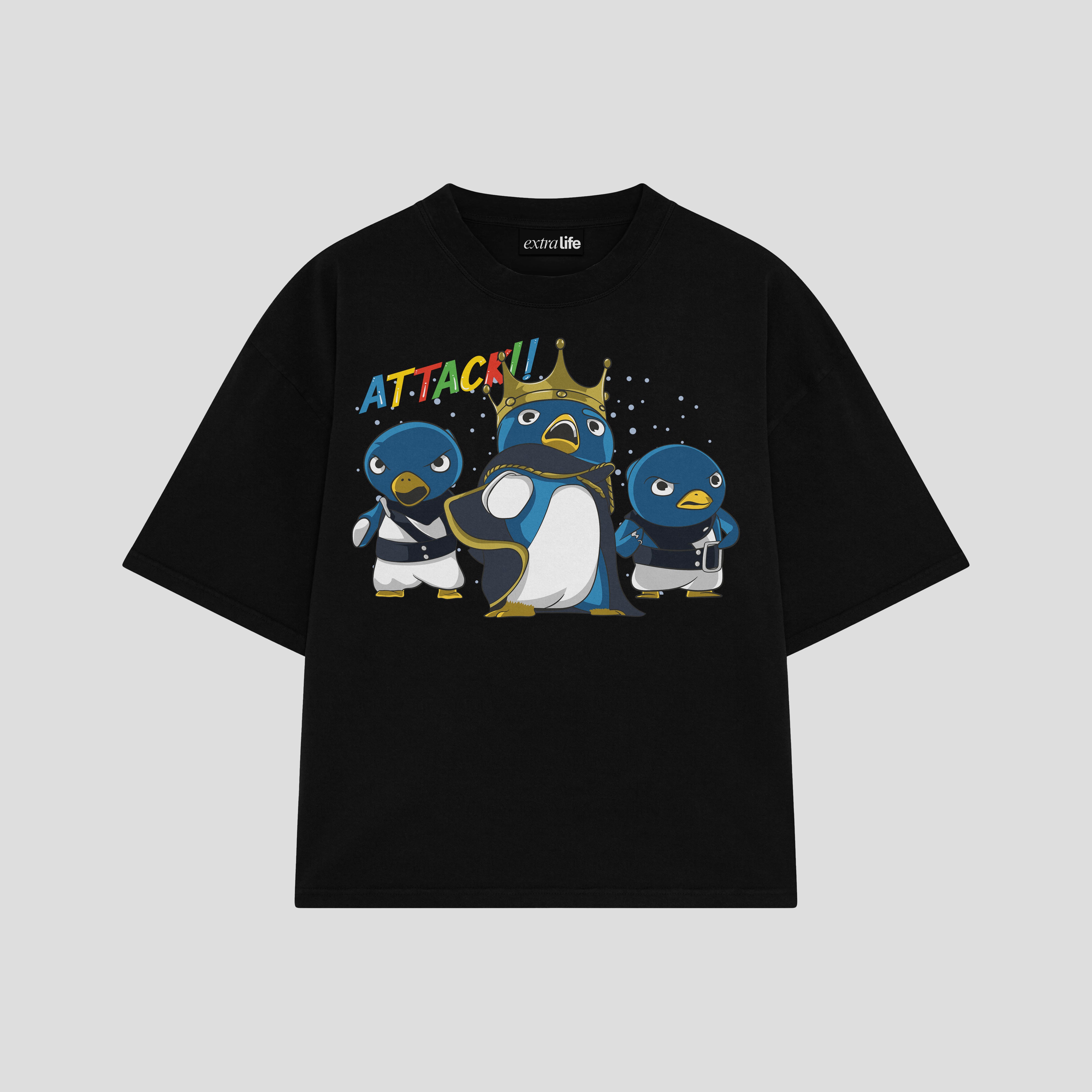 Playera streetwear premium de anime y gaming ExtraLife MX, corte boxy oversized drop shoulder heavyweight en color Deep Black y Off-White, moda urbana mexicana de culto.