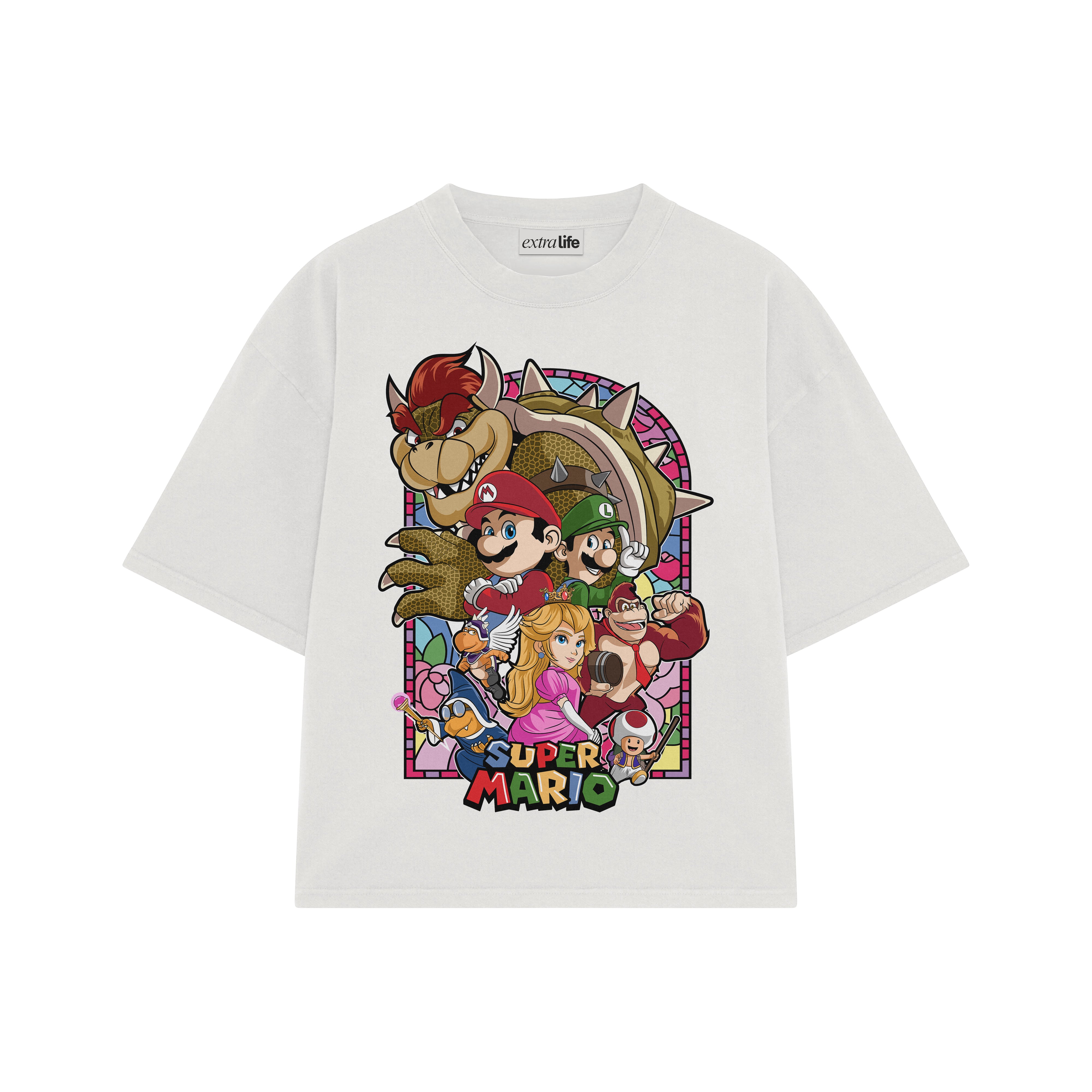 Playera streetwear premium de anime y gaming ExtraLife MX, corte boxy oversized drop shoulder heavyweight en color Deep Black y Off-White, moda urbana mexicana de culto.