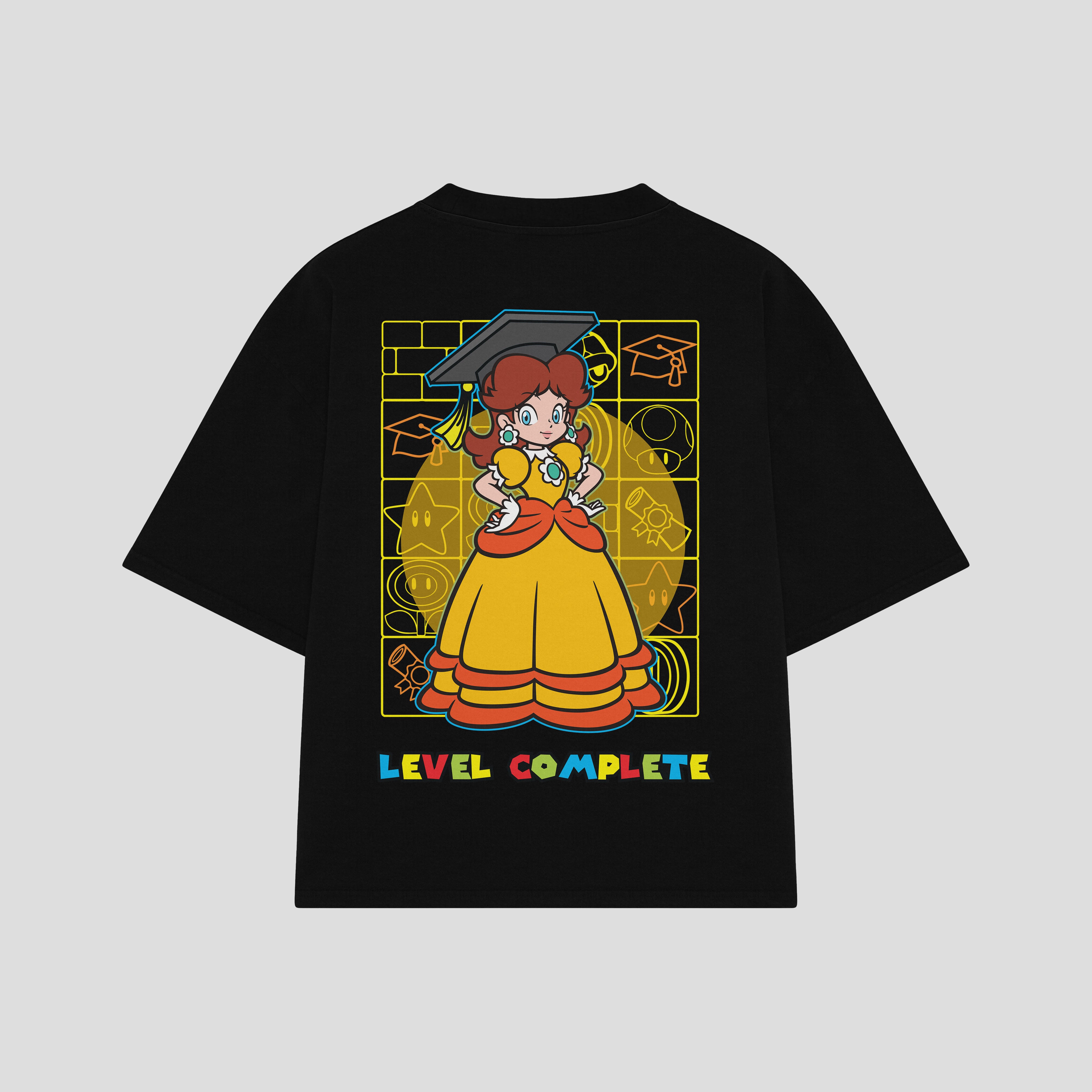 Playera streetwear premium de anime y gaming ExtraLife MX, corte boxy oversized drop shoulder heavyweight en color Deep Black y Off-White, moda urbana mexicana de culto.