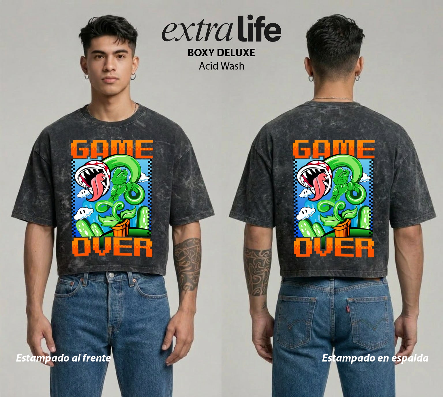Playera streetwear premium de anime y gaming ExtraLife MX, corte boxy deluxe mineral wash heavyweight en color Acid Wash, moda urbana mexicana de culto.