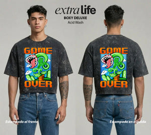 Playera streetwear premium de anime y gaming ExtraLife MX, corte boxy deluxe mineral wash heavyweight en color Acid Wash, moda urbana mexicana de culto.