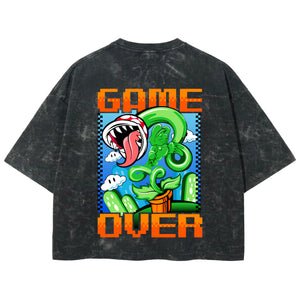 Playera streetwear premium de anime y gaming ExtraLife MX, corte boxy deluxe mineral wash heavyweight en color Acid Wash, moda urbana mexicana de culto.