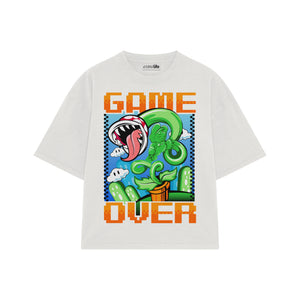 Playera streetwear premium de anime y gaming ExtraLife MX, corte boxy oversized drop shoulder heavyweight en color Deep Black y Off-White, moda urbana mexicana de culto.
