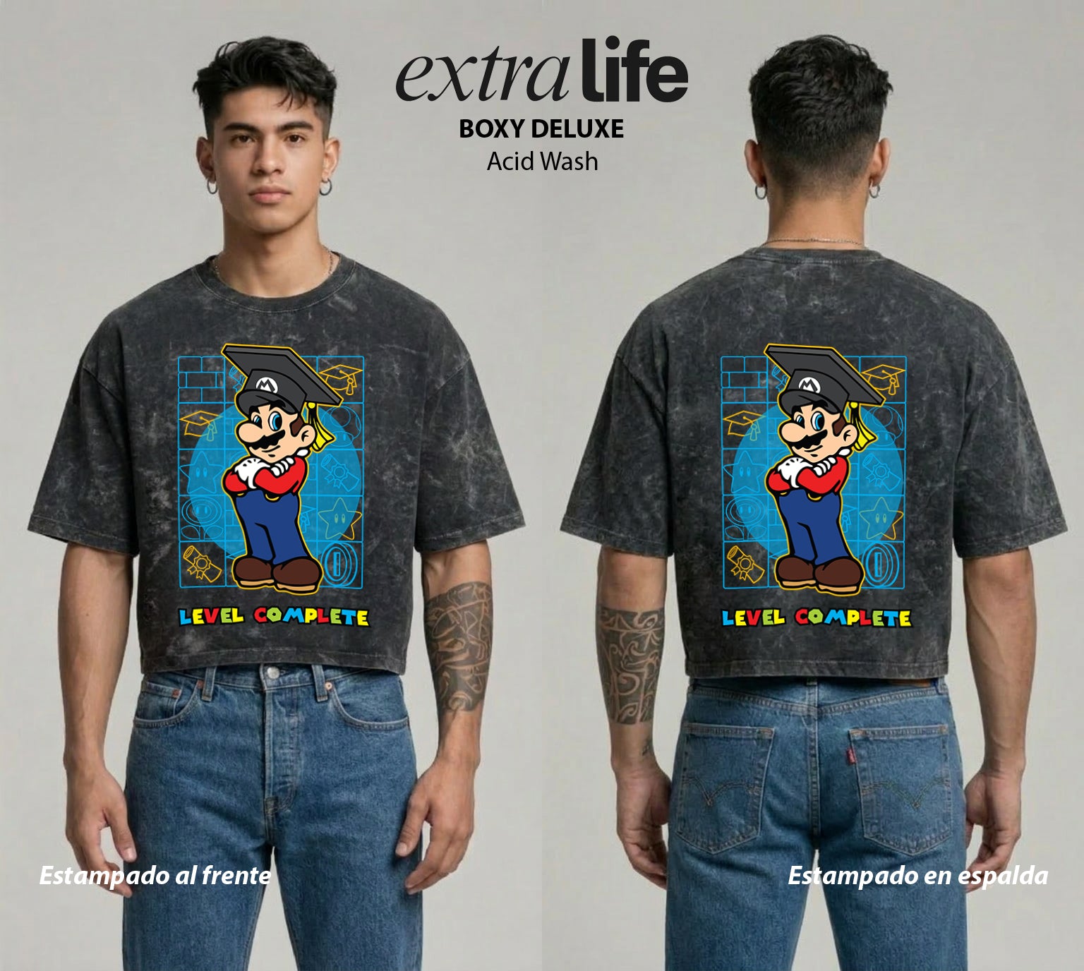 Playera streetwear premium de anime y gaming ExtraLife MX, corte boxy deluxe mineral wash heavyweight en color Acid Wash, moda urbana mexicana de culto.