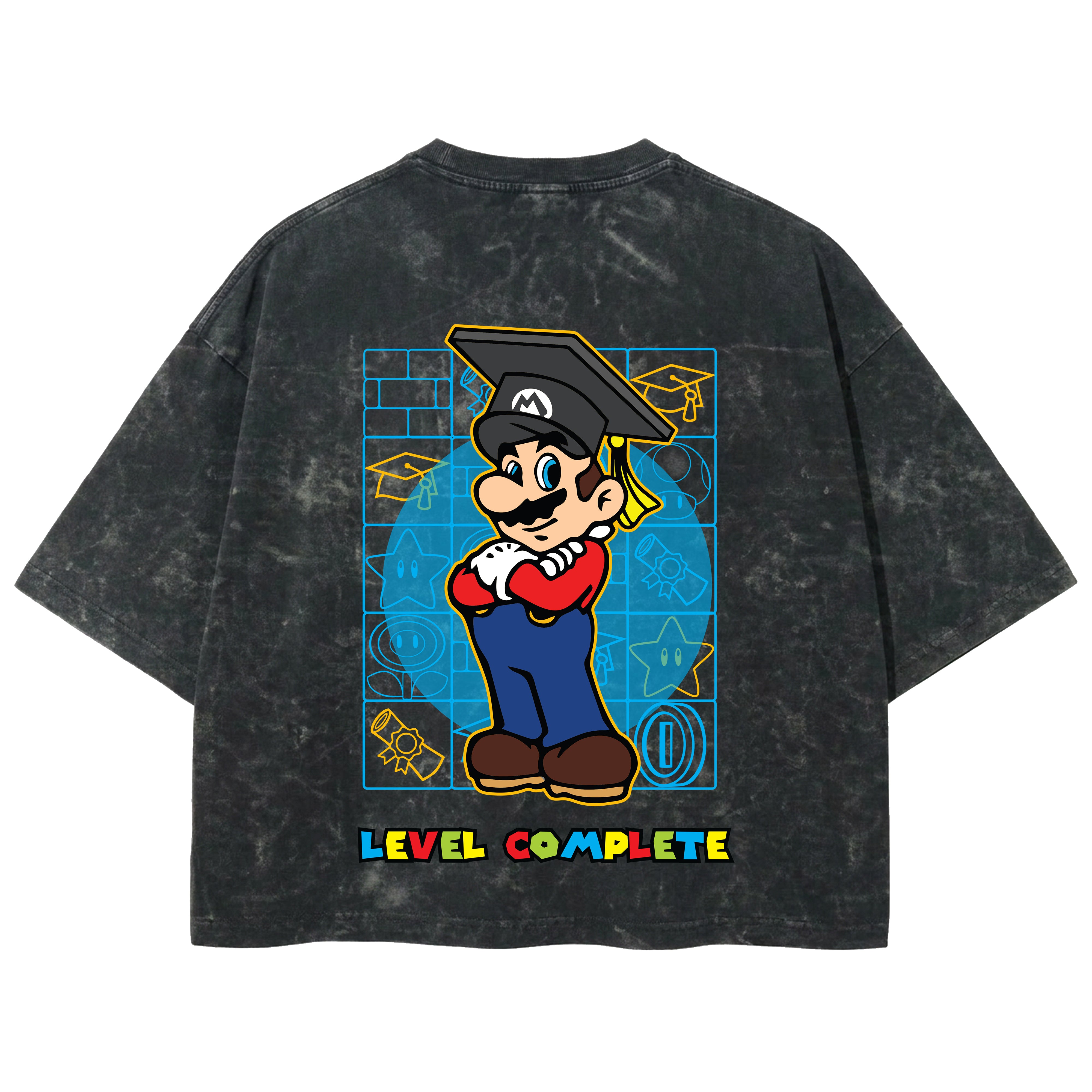 Playera streetwear premium de anime y gaming ExtraLife MX, corte boxy deluxe mineral wash heavyweight en color Acid Wash, moda urbana mexicana de culto.
