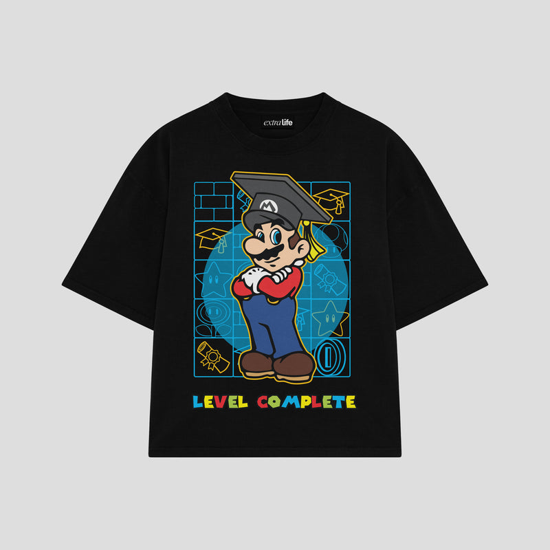 Playera streetwear premium de anime y gaming ExtraLife MX, corte boxy oversized drop shoulder heavyweight en color Deep Black y Off-White, moda urbana mexicana de culto.