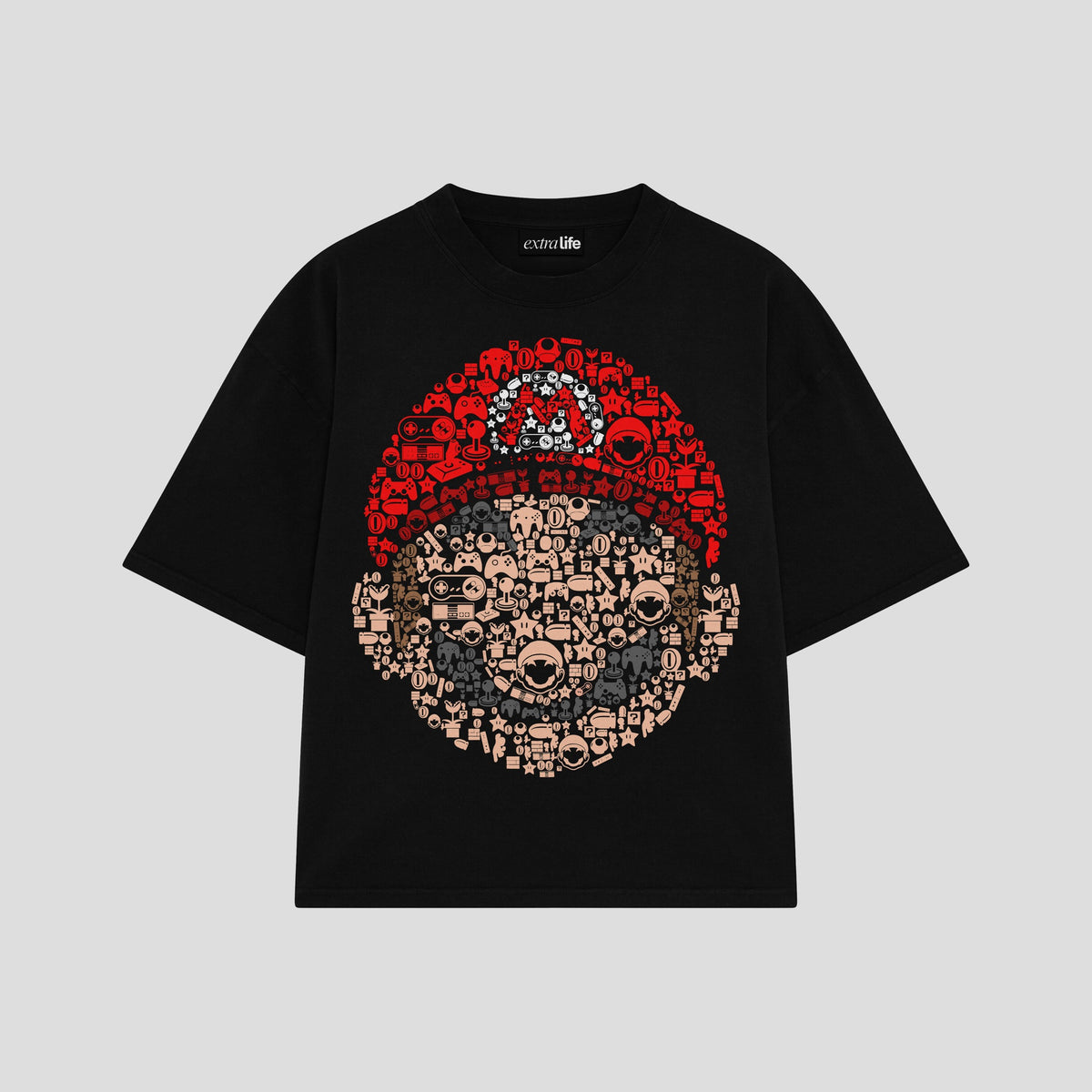Playera streetwear premium de anime y gaming ExtraLife MX, corte oversized drop shoulder ligero y fresco en color Deep Black y Off-White, moda urbana mexicana de culto.