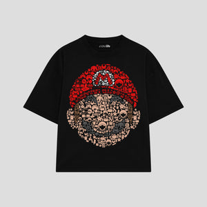 Playera streetwear premium de anime y gaming ExtraLife MX, corte boxy oversized drop shoulder heavyweight en color Deep Black y Off-White, moda urbana mexicana de culto.