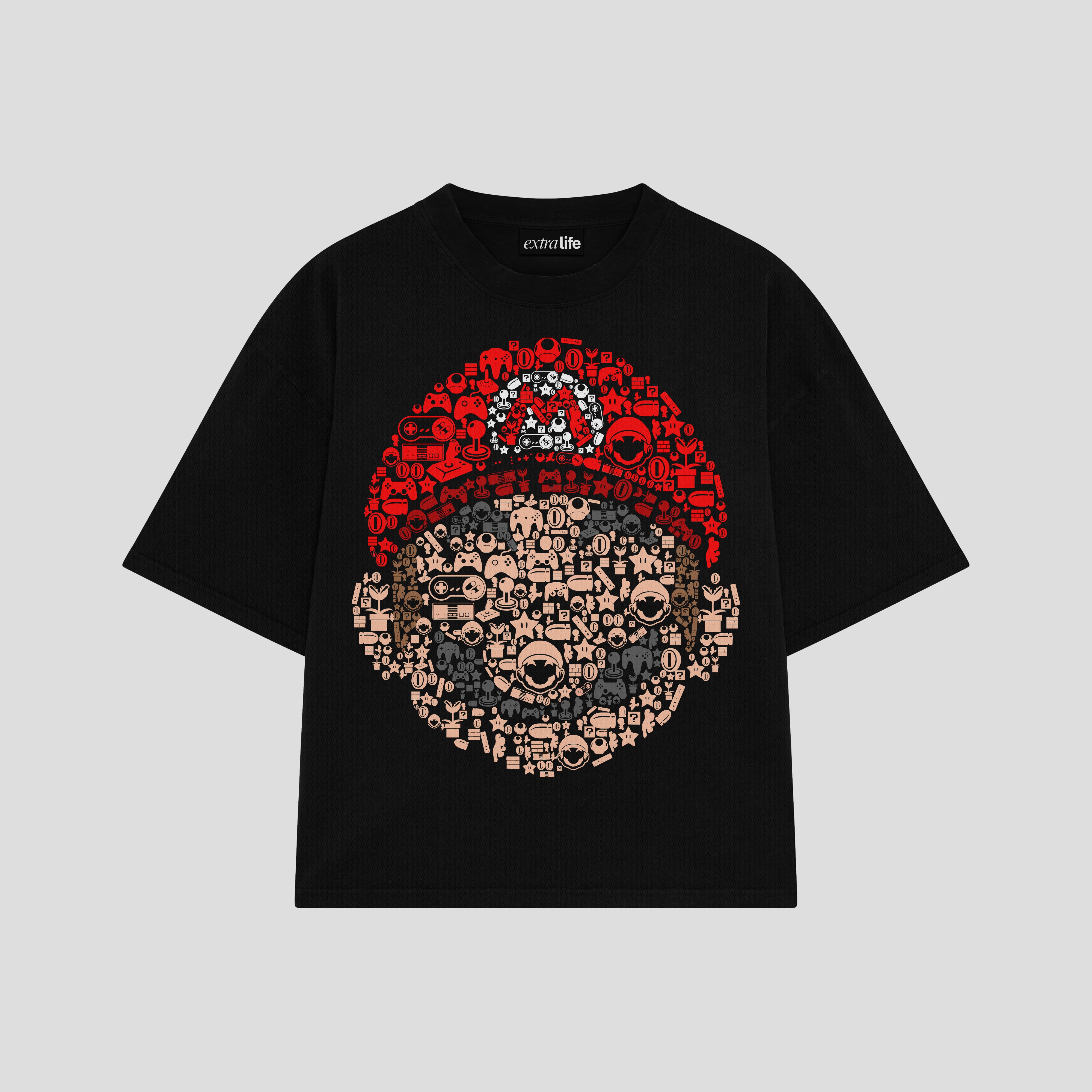 Playera streetwear premium de anime y gaming ExtraLife MX, corte boxy oversized drop shoulder heavyweight en color Deep Black y Off-White, moda urbana mexicana de culto.