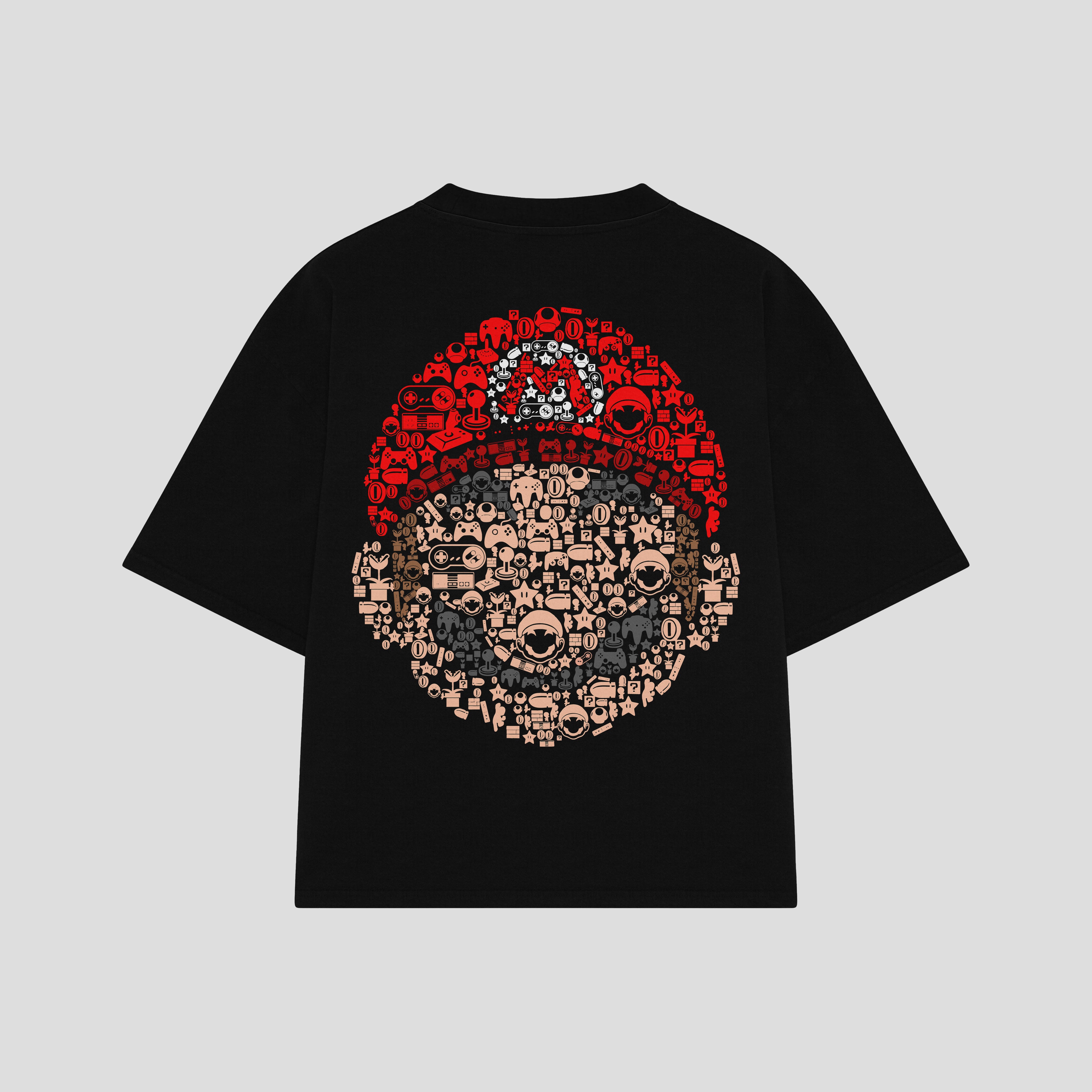 Playera streetwear premium de anime y gaming ExtraLife MX, corte boxy oversized drop shoulder heavyweight en color Deep Black y Off-White, moda urbana mexicana de culto.