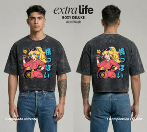 Playera streetwear premium de anime y gaming ExtraLife MX, corte boxy deluxe mineral wash heavyweight en color Acid Wash, moda urbana mexicana de culto.