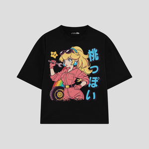 Playera streetwear premium de anime y gaming ExtraLife MX, corte boxy oversized drop shoulder heavyweight en color Deep Black y Off-White, moda urbana mexicana de culto.