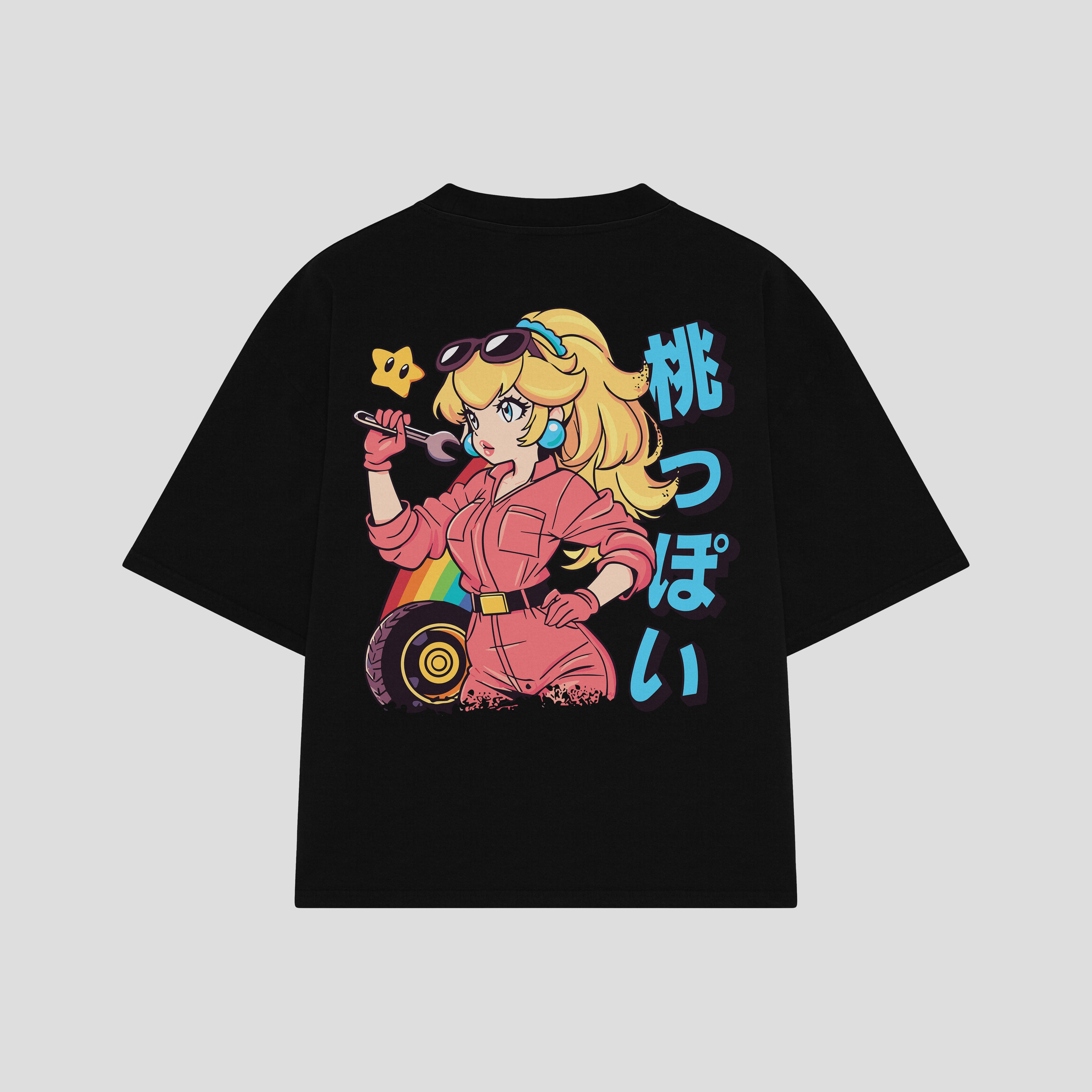 Playera streetwear premium de anime y gaming ExtraLife MX, corte boxy oversized drop shoulder heavyweight en color Deep Black y Off-White, moda urbana mexicana de culto.