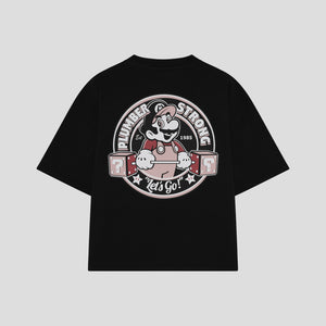 Playera streetwear premium de anime y gaming ExtraLife MX, corte boxy oversized drop shoulder heavyweight en color Deep Black y Off-White, moda urbana mexicana de culto.