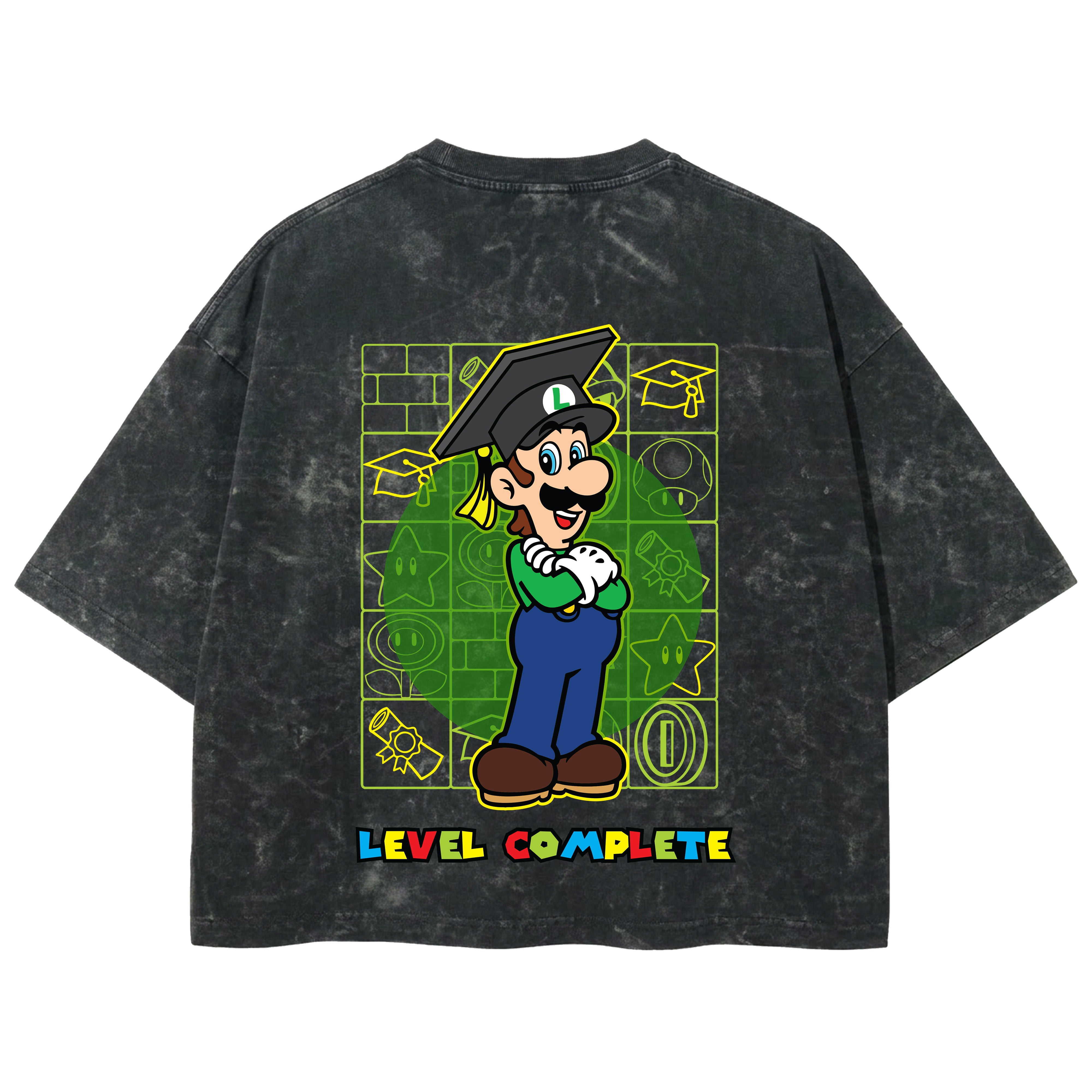 Playera streetwear premium de anime y gaming ExtraLife MX, corte boxy deluxe mineral wash heavyweight en color Acid Wash, moda urbana mexicana de culto.