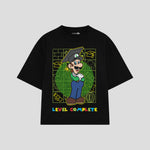 Playera streetwear premium de anime y gaming ExtraLife MX, corte boxy oversized drop shoulder heavyweight en color Deep Black y Off-White, moda urbana mexicana de culto.