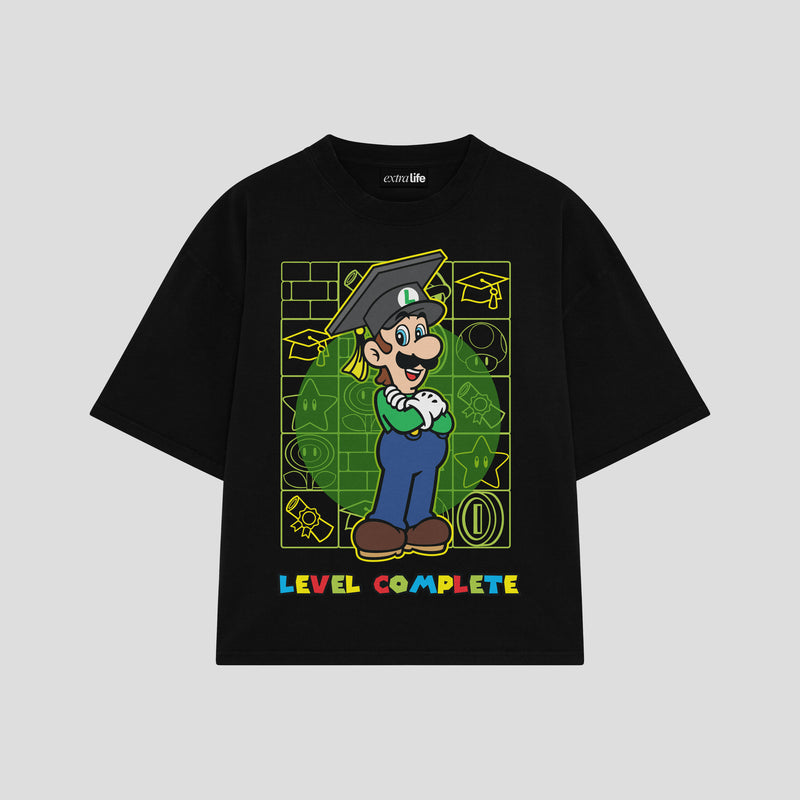 Playera streetwear premium de anime y gaming ExtraLife MX, corte boxy oversized drop shoulder heavyweight en color Deep Black y Off-White, moda urbana mexicana de culto.