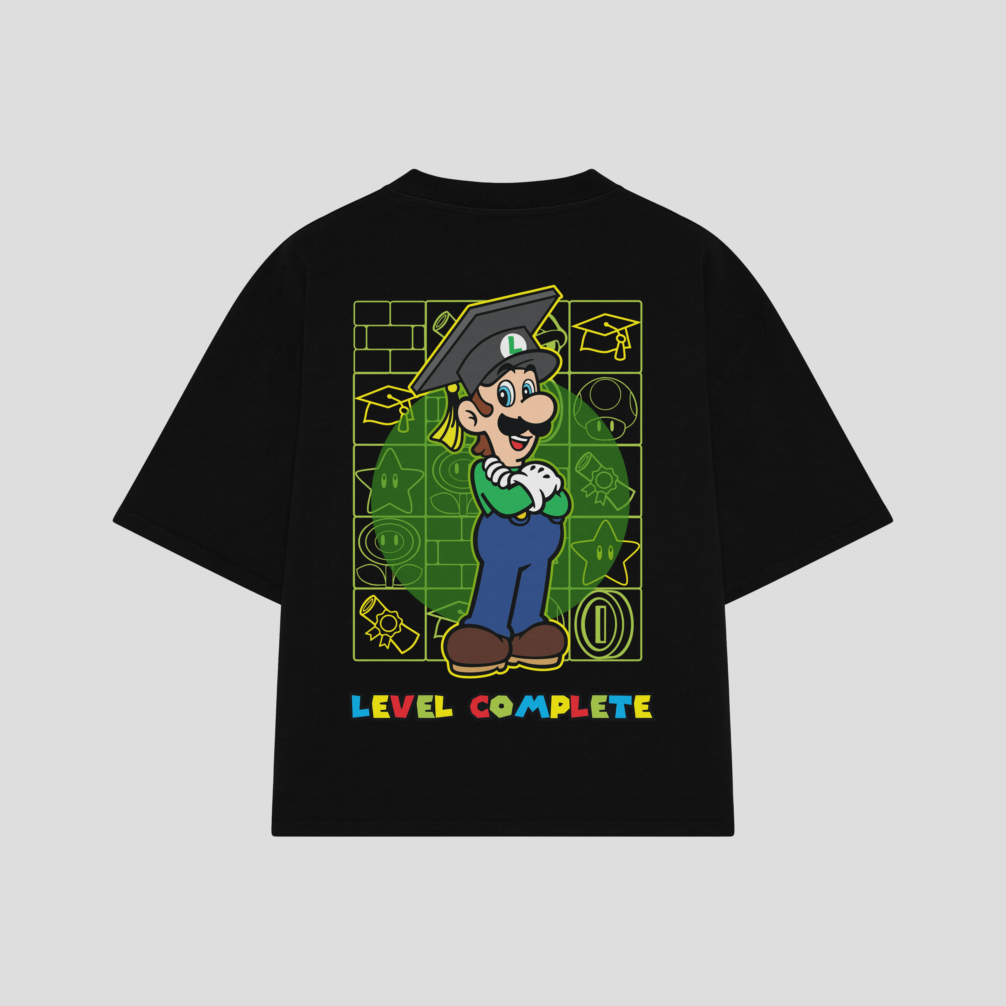 Playera streetwear premium de anime y gaming ExtraLife MX, corte boxy oversized drop shoulder heavyweight en color Deep Black y Off-White, moda urbana mexicana de culto.
