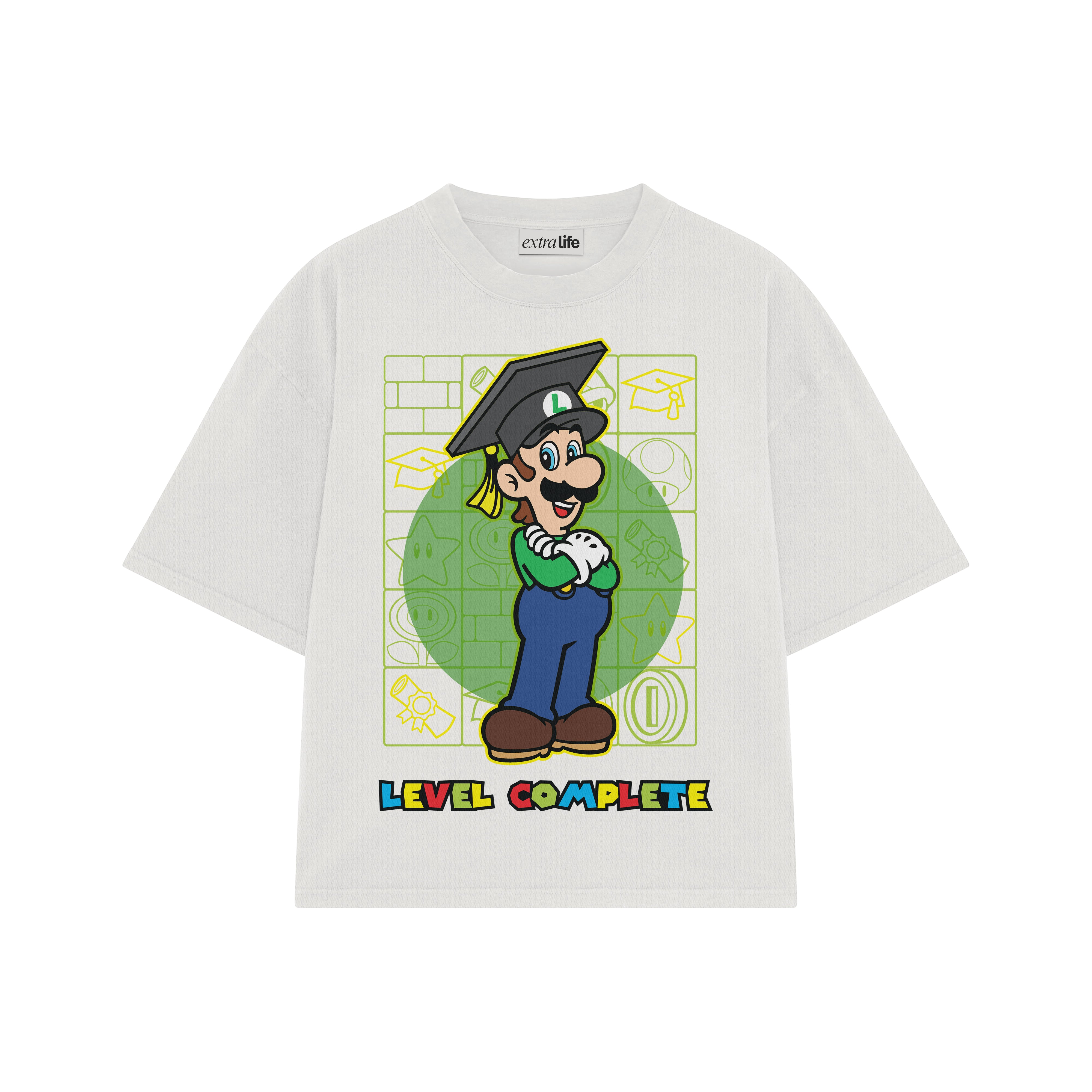 Playera streetwear premium de anime y gaming ExtraLife MX, corte boxy oversized drop shoulder heavyweight en color Deep Black y Off-White, moda urbana mexicana de culto.