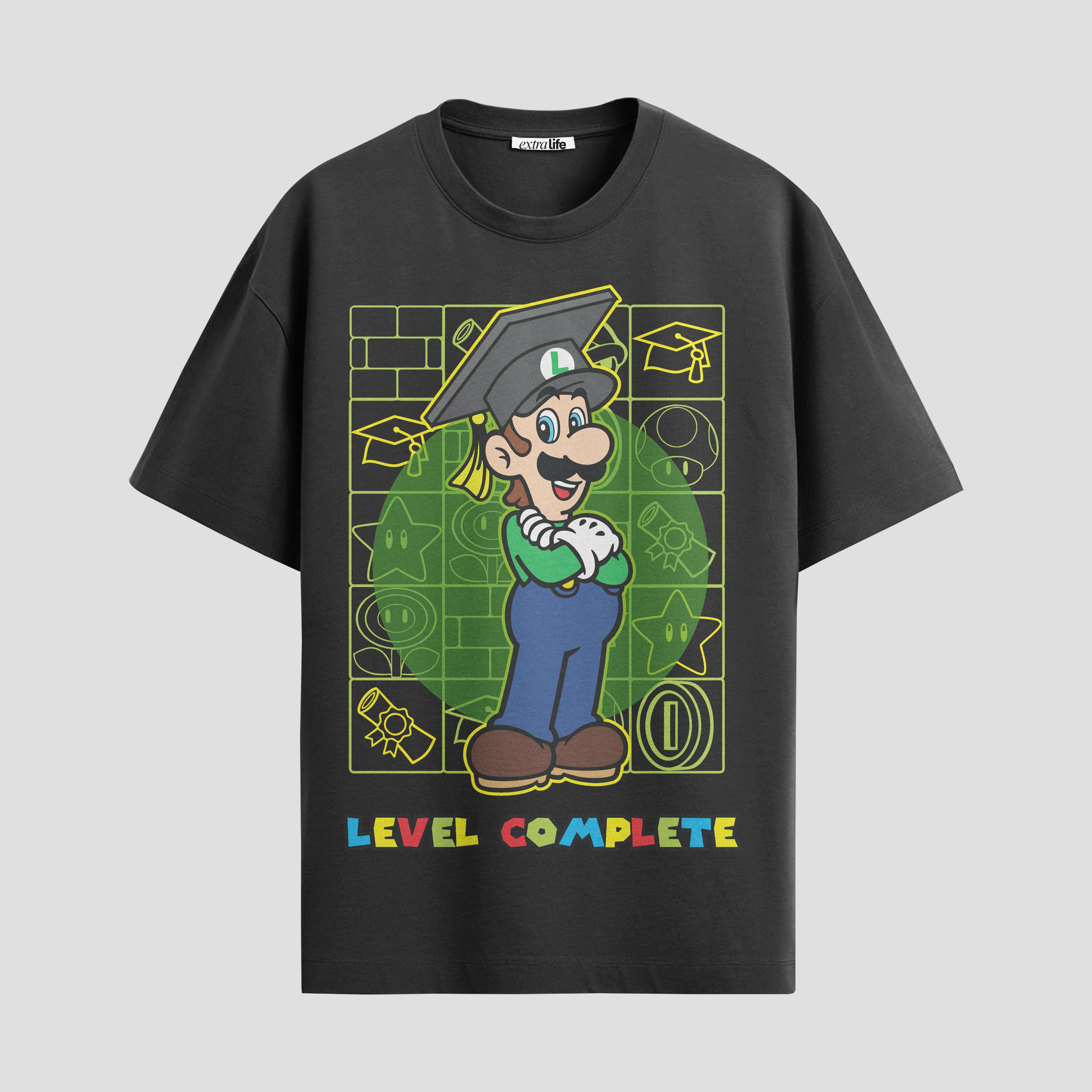 Playera urbana de anime y gaming ExtraLife MX, corte Standard Fit unisex ligero y transpirable en color Deep Black y Pure White, ropa de uso diario para gym y casual.