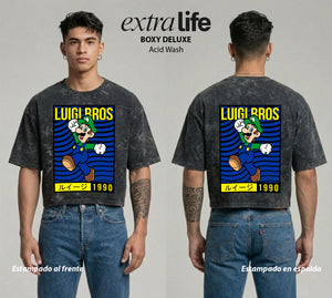 Playera streetwear premium de anime y gaming ExtraLife MX, corte boxy deluxe mineral wash heavyweight en color Acid Wash, moda urbana mexicana de culto.