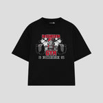 Playera streetwear premium de anime y gaming ExtraLife MX, corte boxy oversized drop shoulder heavyweight en color Deep Black y Off-White, moda urbana mexicana de culto.