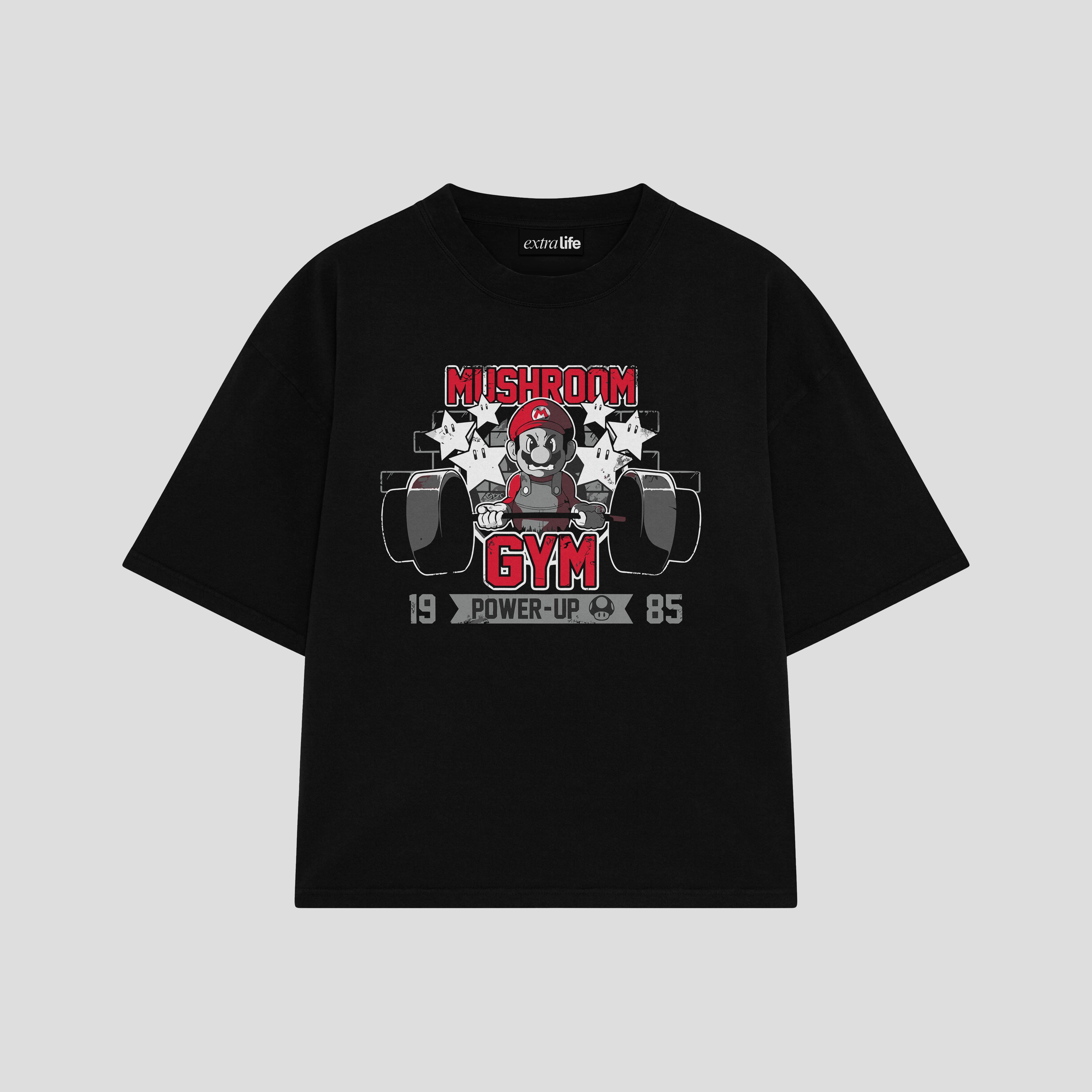 Playera streetwear premium de anime y gaming ExtraLife MX, corte boxy oversized drop shoulder heavyweight en color Deep Black y Off-White, moda urbana mexicana de culto.