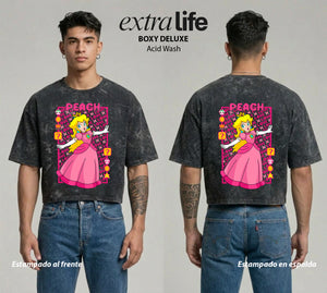 Playera streetwear premium de anime y gaming ExtraLife MX, corte boxy deluxe mineral wash heavyweight en color Acid Wash, moda urbana mexicana de culto.