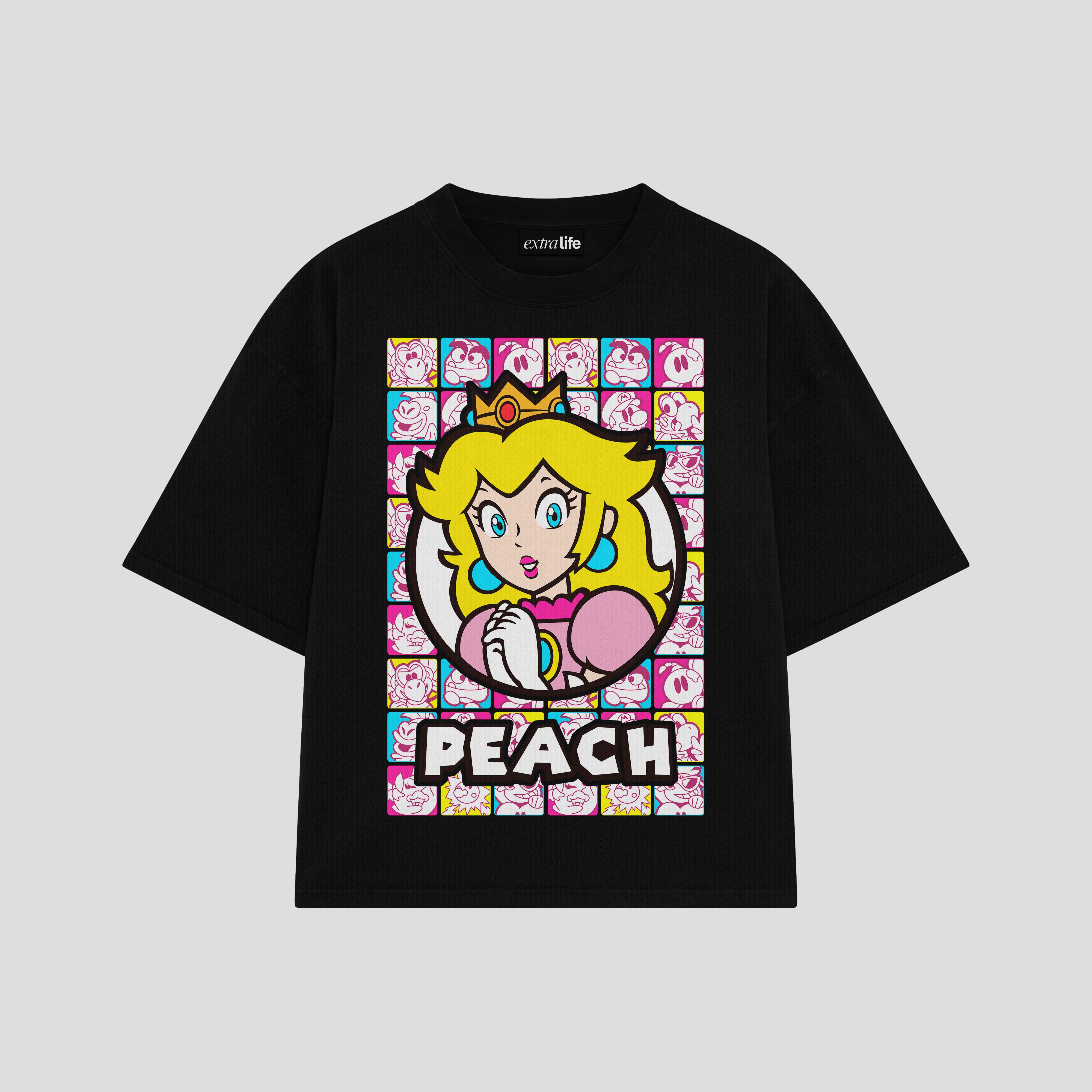 Playera streetwear premium de anime y gaming ExtraLife MX, corte boxy oversized drop shoulder heavyweight en color Deep Black y Off-White, moda urbana mexicana de culto.