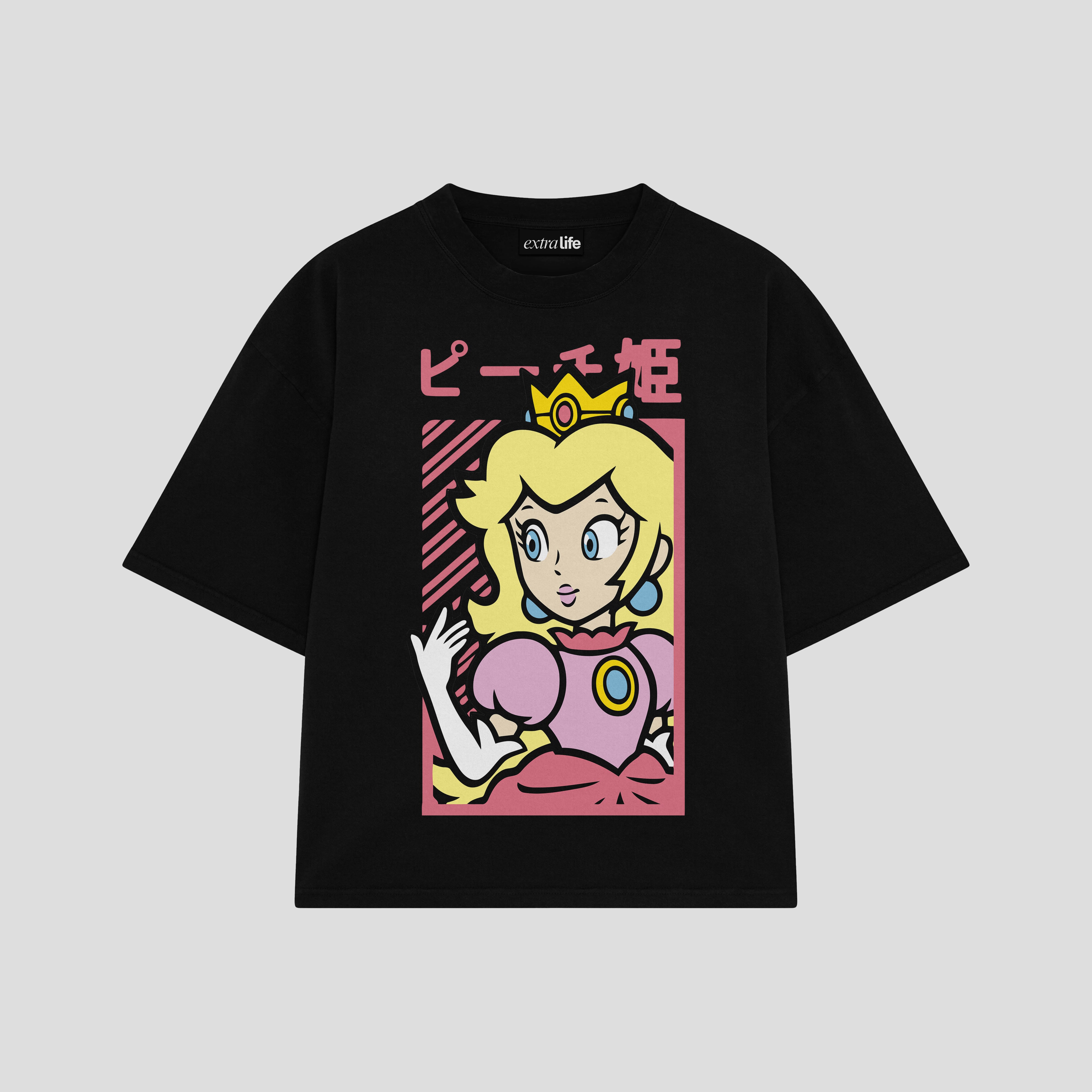 Playera streetwear premium de anime y gaming ExtraLife MX, corte boxy oversized drop shoulder heavyweight en color Deep Black y Off-White, moda urbana mexicana de culto.