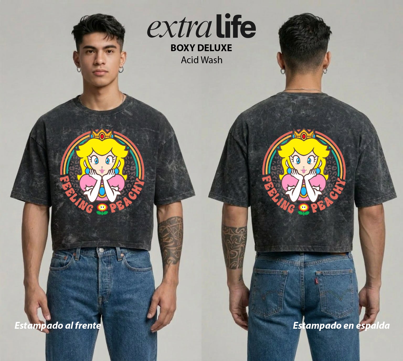 Playera streetwear premium de anime y gaming ExtraLife MX, corte boxy deluxe mineral wash heavyweight en color Acid Wash, moda urbana mexicana de culto.