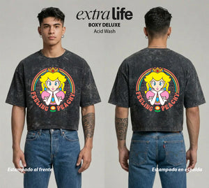 Playera streetwear premium de anime y gaming ExtraLife MX, corte boxy deluxe mineral wash heavyweight en color Acid Wash, moda urbana mexicana de culto.