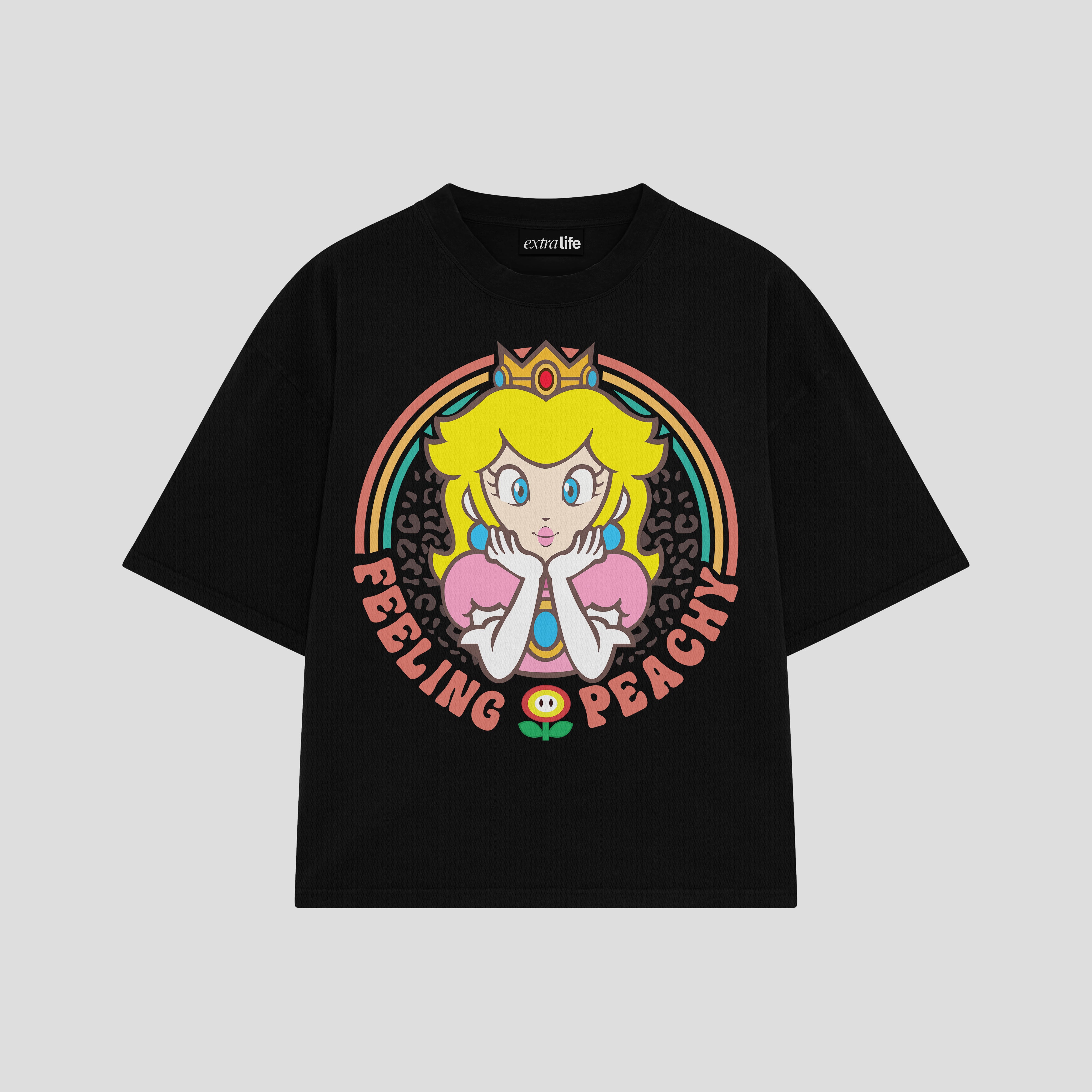 Playera streetwear premium de anime y gaming ExtraLife MX, corte boxy oversized drop shoulder heavyweight en color Deep Black y Off-White, moda urbana mexicana de culto.