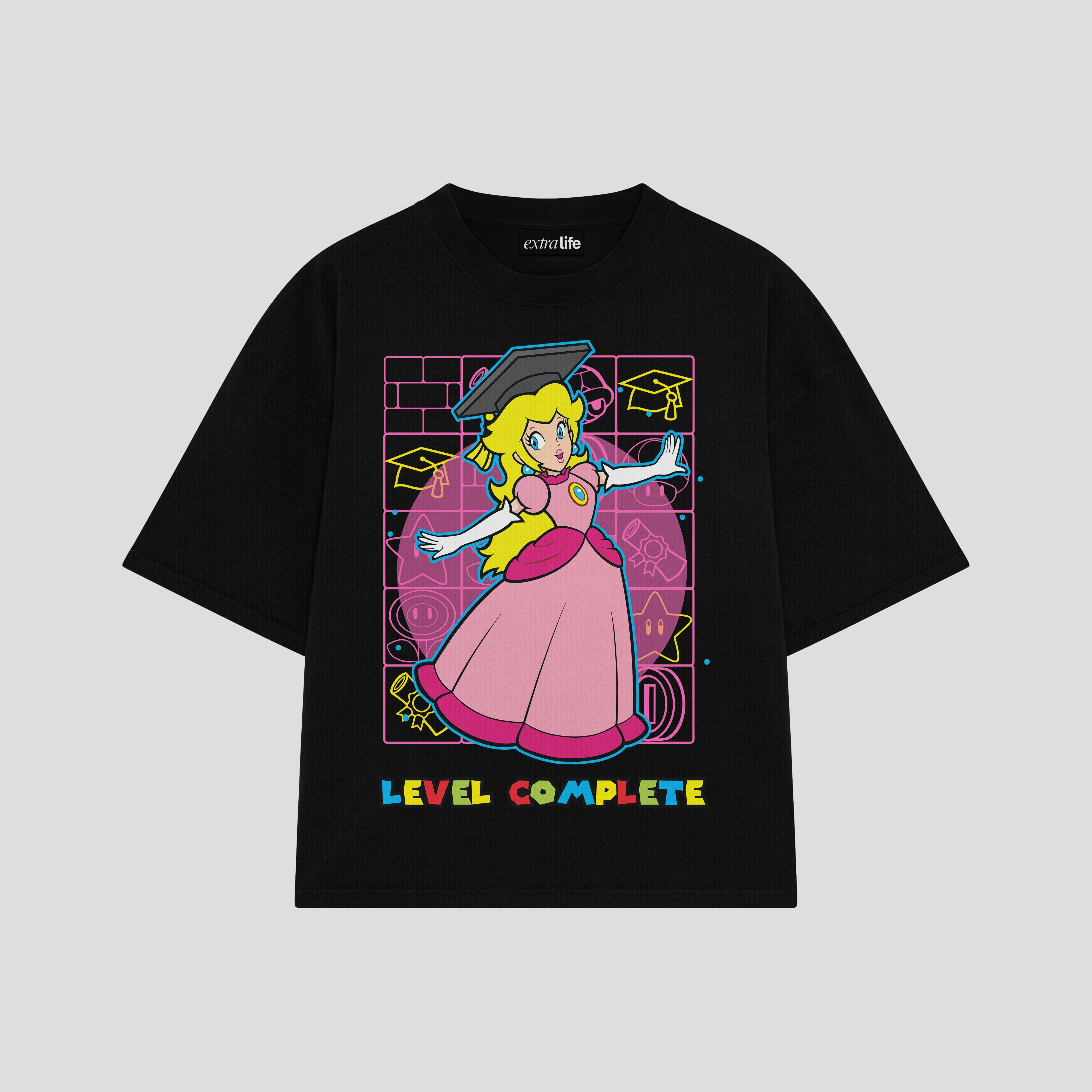 Playera streetwear premium de anime y gaming ExtraLife MX, corte boxy oversized drop shoulder heavyweight en color Deep Black y Off-White, moda urbana mexicana de culto.