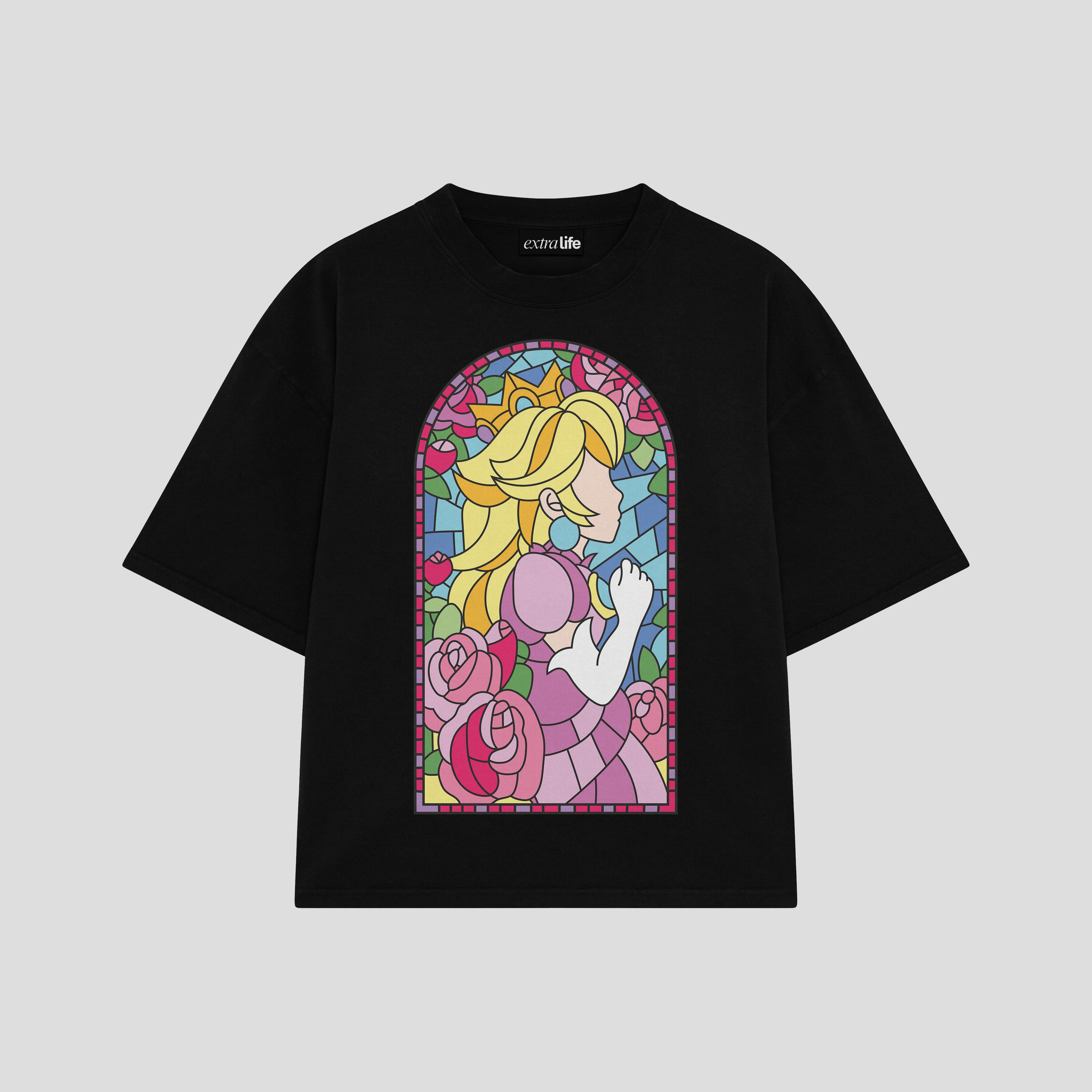 Playera streetwear premium de anime y gaming ExtraLife MX, corte boxy oversized drop shoulder heavyweight en color Deep Black y Off-White, moda urbana mexicana de culto.