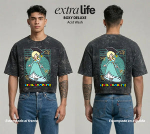 Playera streetwear premium de anime y gaming ExtraLife MX, corte boxy deluxe mineral wash heavyweight en color Acid Wash, moda urbana mexicana de culto.