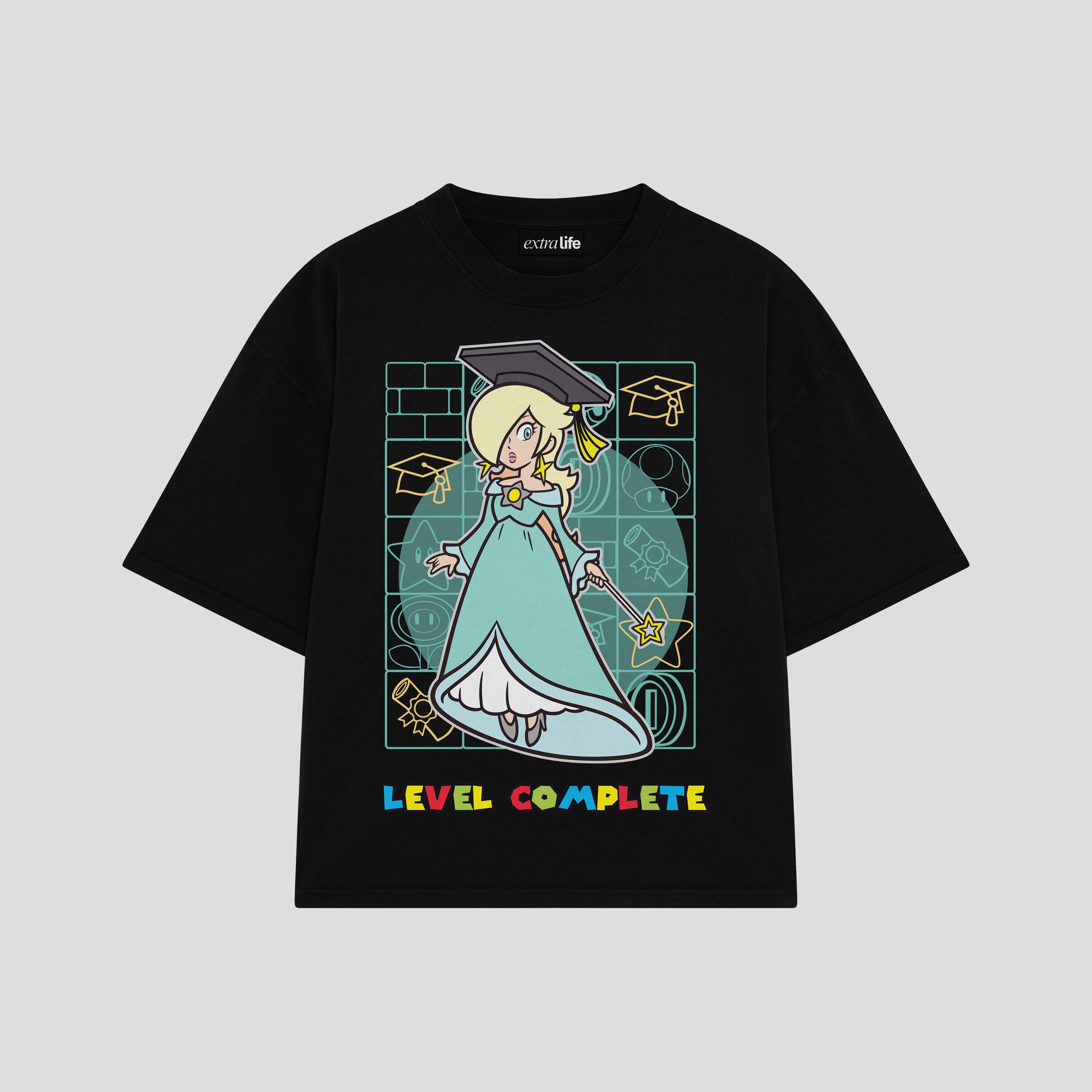 Playera streetwear premium de anime y gaming ExtraLife MX, corte boxy oversized drop shoulder heavyweight en color Deep Black y Off-White, moda urbana mexicana de culto.