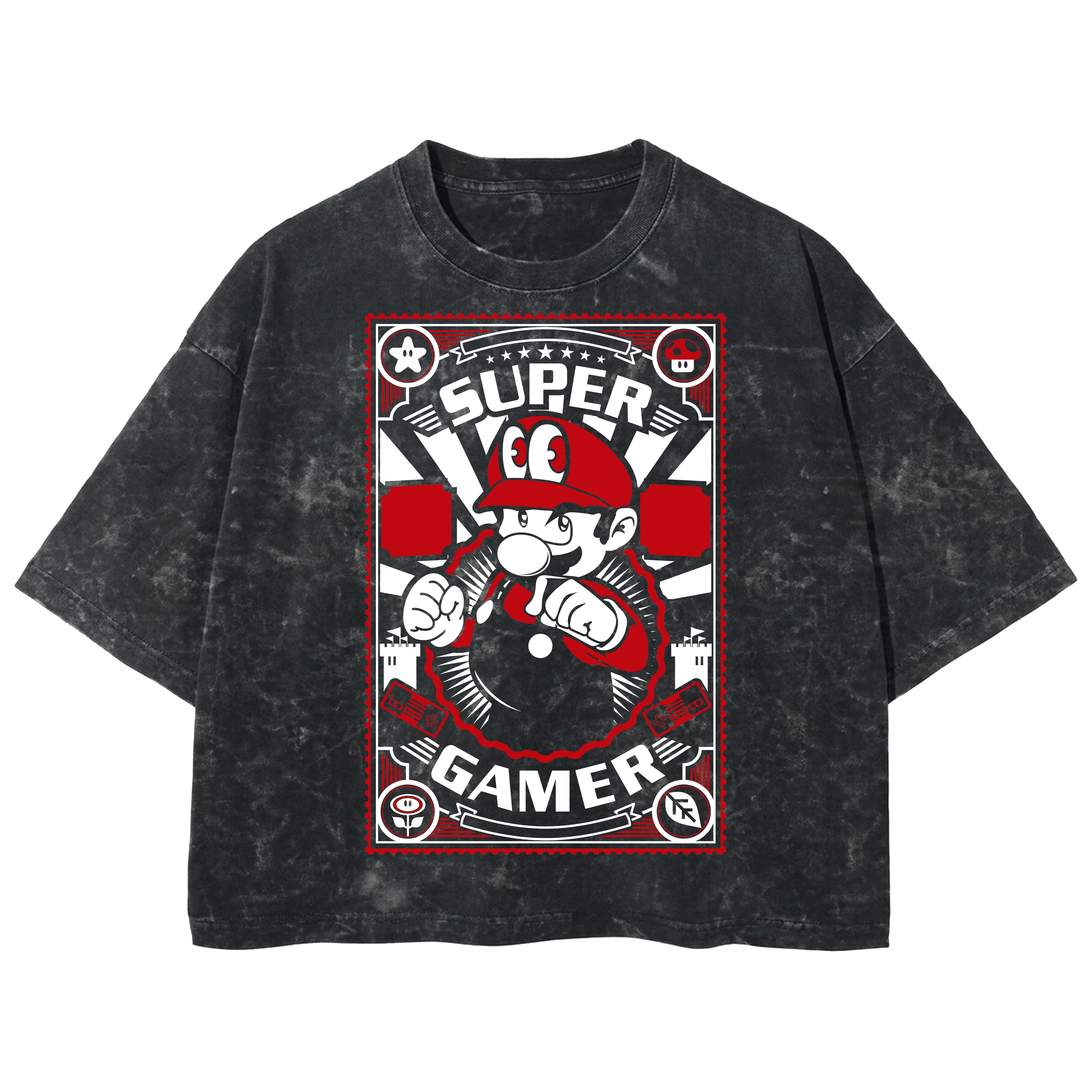 Playera streetwear premium de anime y gaming ExtraLife MX, corte boxy deluxe mineral wash heavyweight en color Acid Wash, moda urbana mexicana de culto.