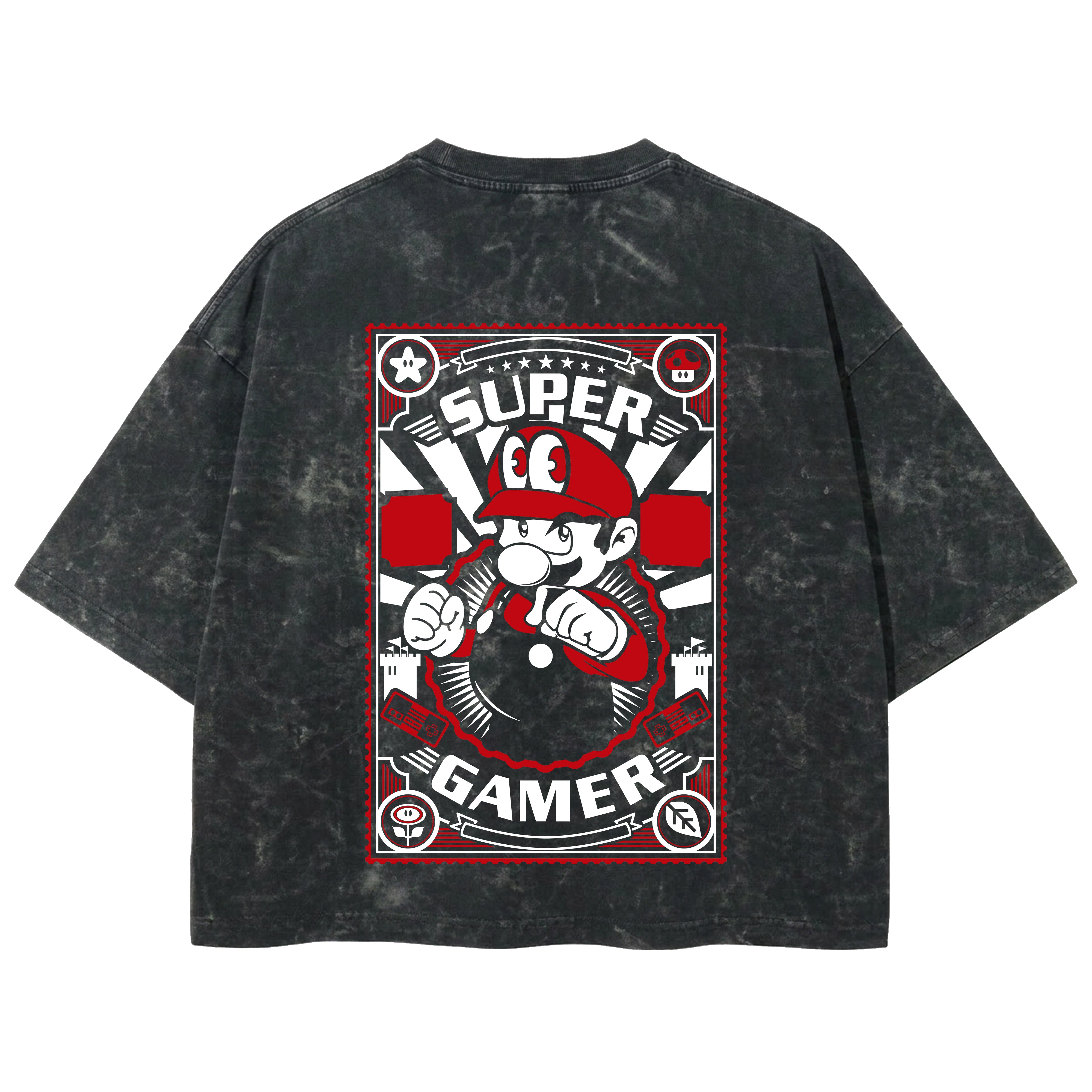 Playera streetwear premium de anime y gaming ExtraLife MX, corte boxy deluxe mineral wash heavyweight en color Acid Wash, moda urbana mexicana de culto.