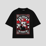 Playera streetwear premium de anime y gaming ExtraLife MX, corte boxy oversized drop shoulder heavyweight en color Deep Black y Off-White, moda urbana mexicana de culto.