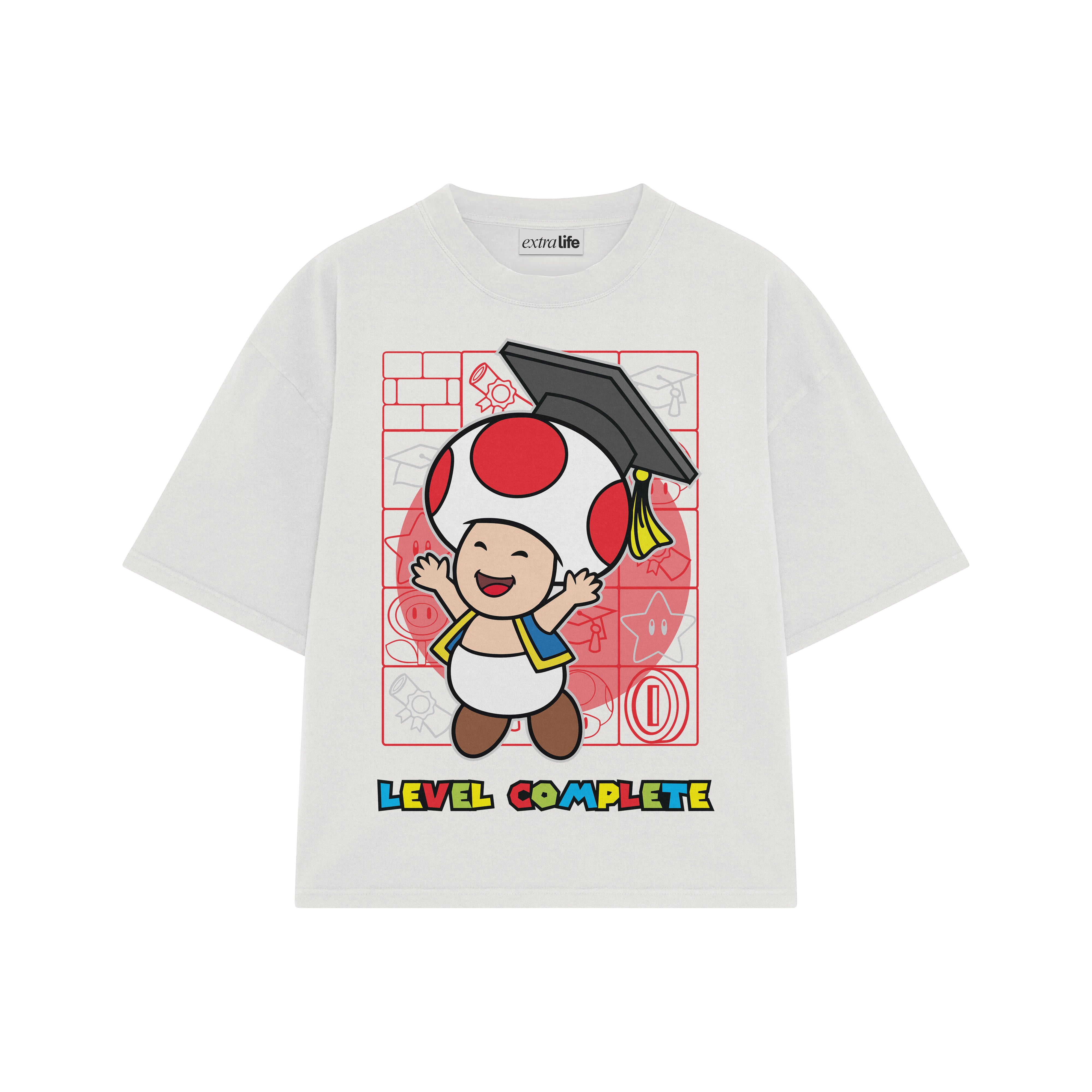 Playera streetwear premium de anime y gaming ExtraLife MX, corte boxy oversized drop shoulder heavyweight en color Deep Black y Off-White, moda urbana mexicana de culto.