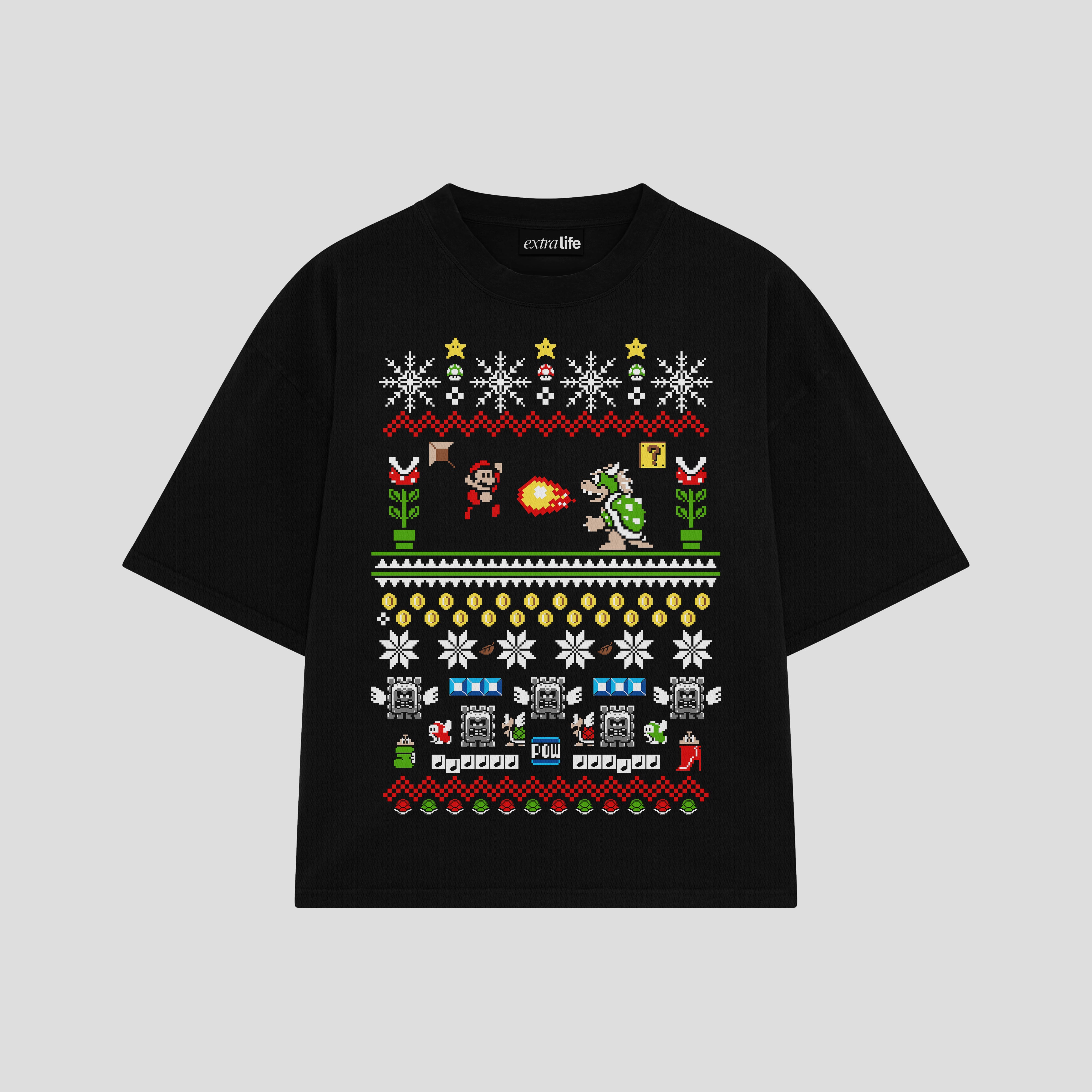 Playera streetwear premium de anime y gaming ExtraLife MX, corte boxy oversized drop shoulder heavyweight en color Deep Black y Off-White, moda urbana mexicana de culto.